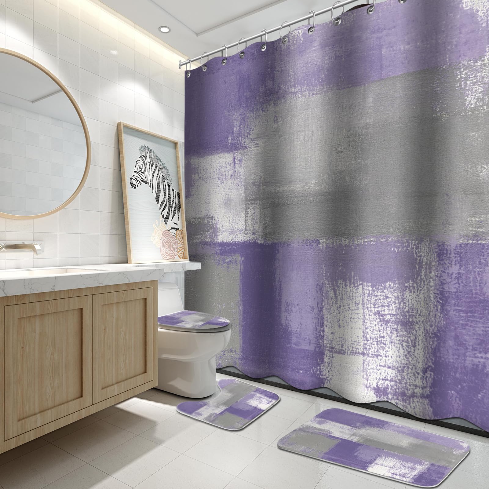 Lnond 4Pcs Purple Bathroom Shower Curtain Sets With Rugs, Purple And Grey Painting Art Bathroom Sets With Shower Curtain And Rug