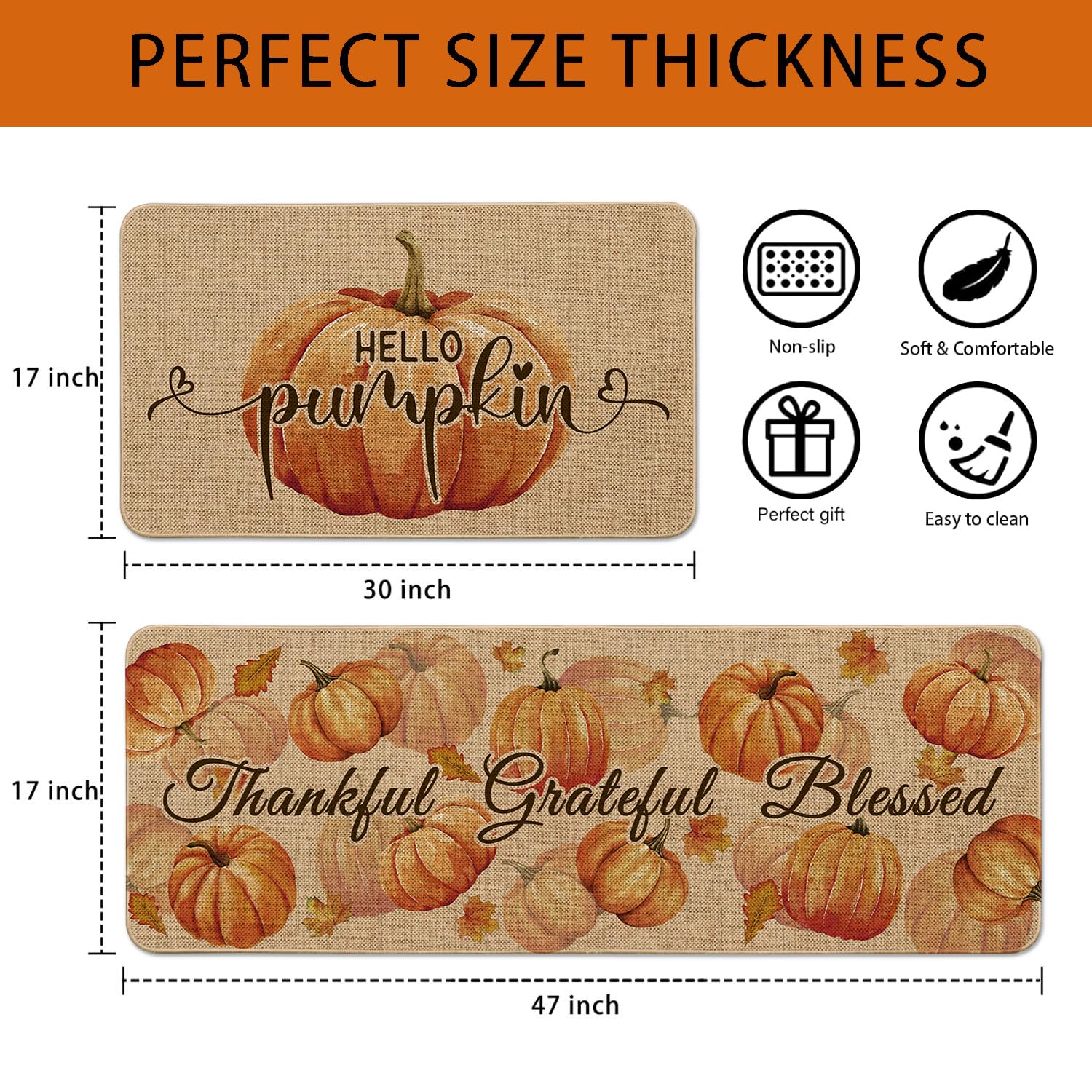 HSOWKDN Fall Kitchen Rugs Set of 2 Indoor Home Decor, Fall Kitchen Mats for Floor 2 Piece Non Slip Washable Hello Pumpkin Thanks
