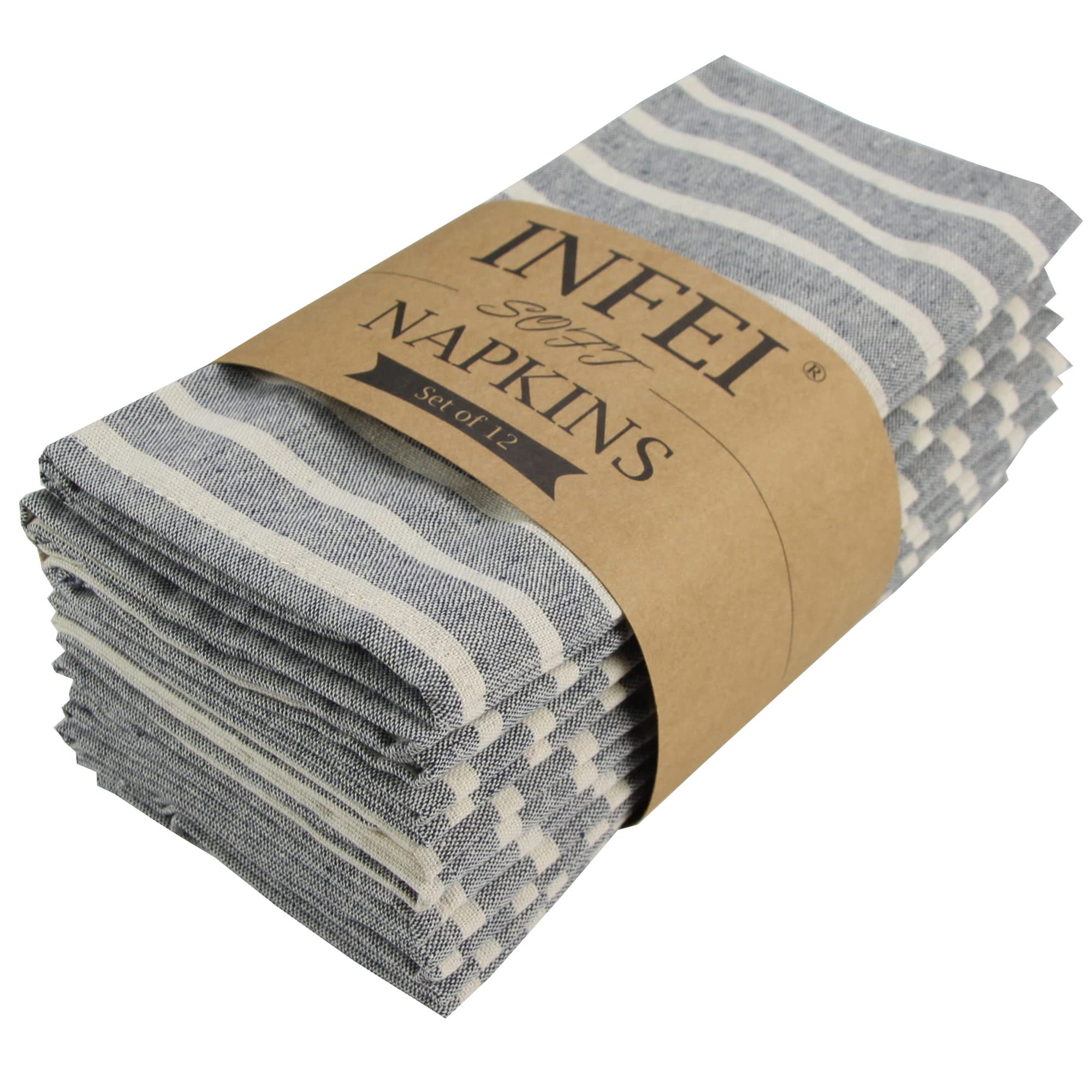 INFEI Broad Striped Cotton Blended Dinner Cloth Napkins - Set of 12 (40 x 30 cm) - for Events & Home Use (Navy)