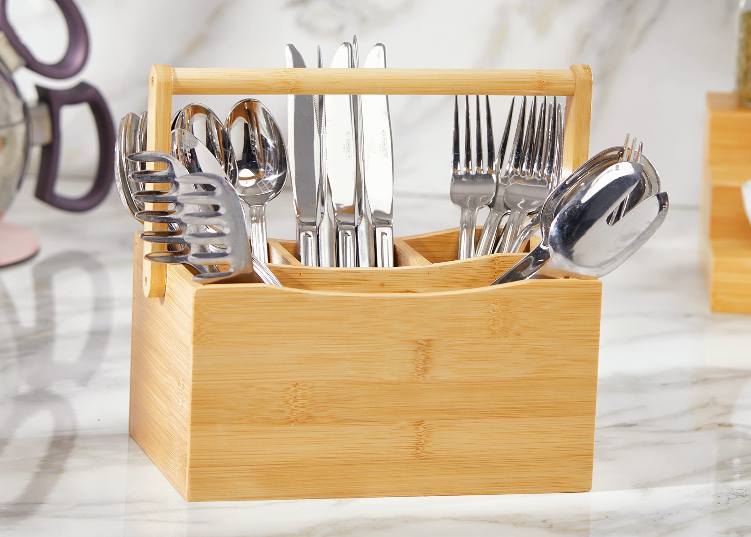 Royalhouse Natural Bamboo Utensil Holder And Organizer For Kitchen Countertop, Bamboo Picnic Basket With Folding Handle For Camp