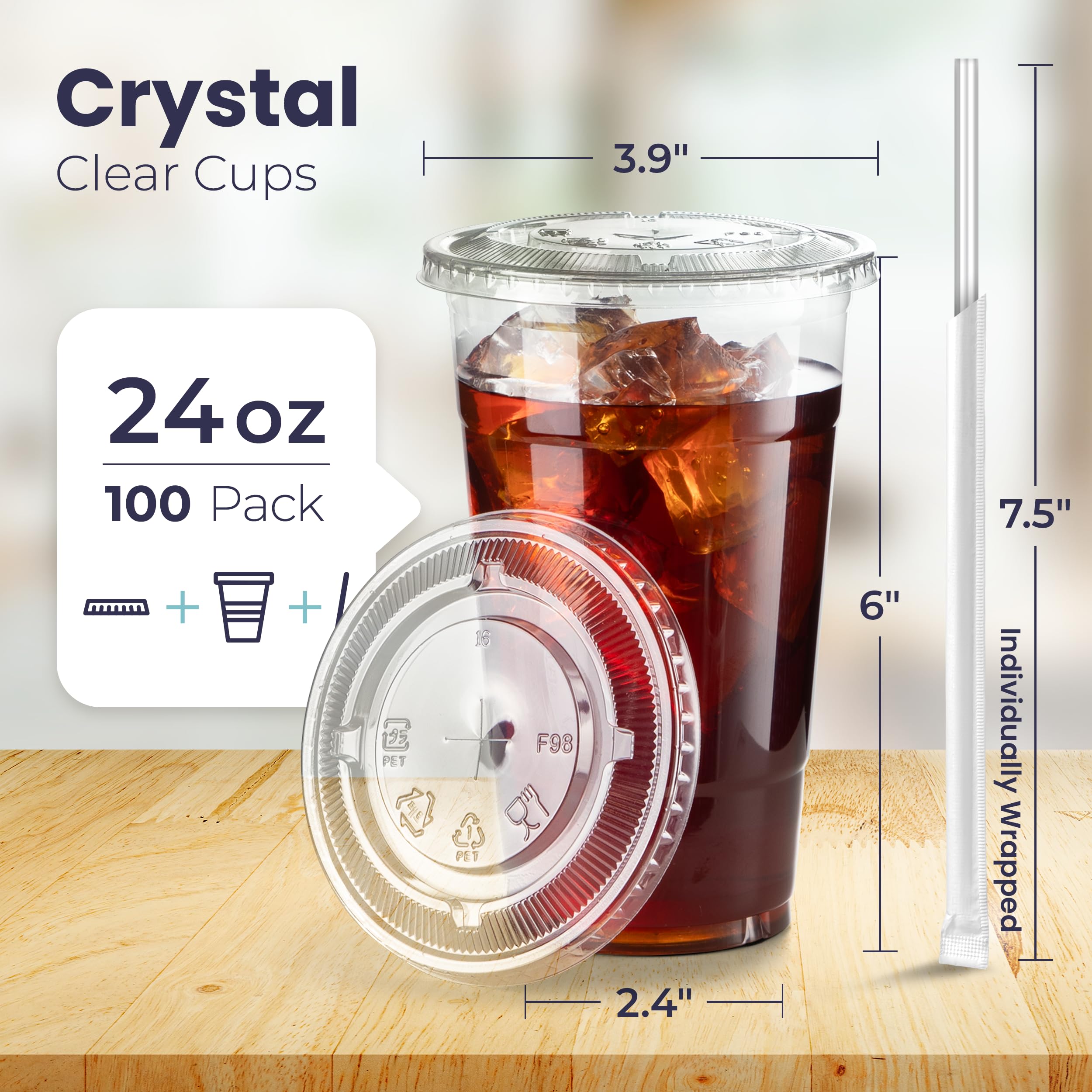 [100 Pack] 24 oz Clear Plastic Cups with Flat Lids and Clear Straws  Disposable Iced Coffee Cups  BPA Free Crystal Lemonade Cup for Party  Smoothie  Cold Drinks  Juice  Milkshake  Bubble Boba  Tea