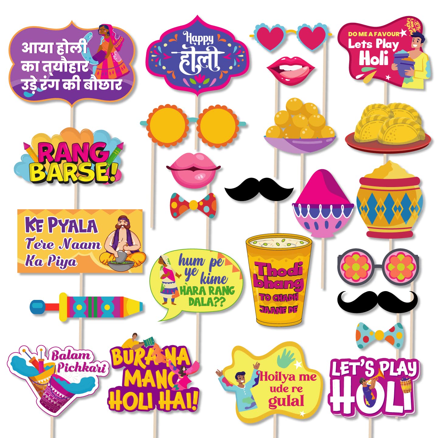Festiko 25 Pcs Holi Photo Booth Props, Holi Decoration Items for Party, Holi Decorations, Holi Photobooth, Happy Hoil Decoration
