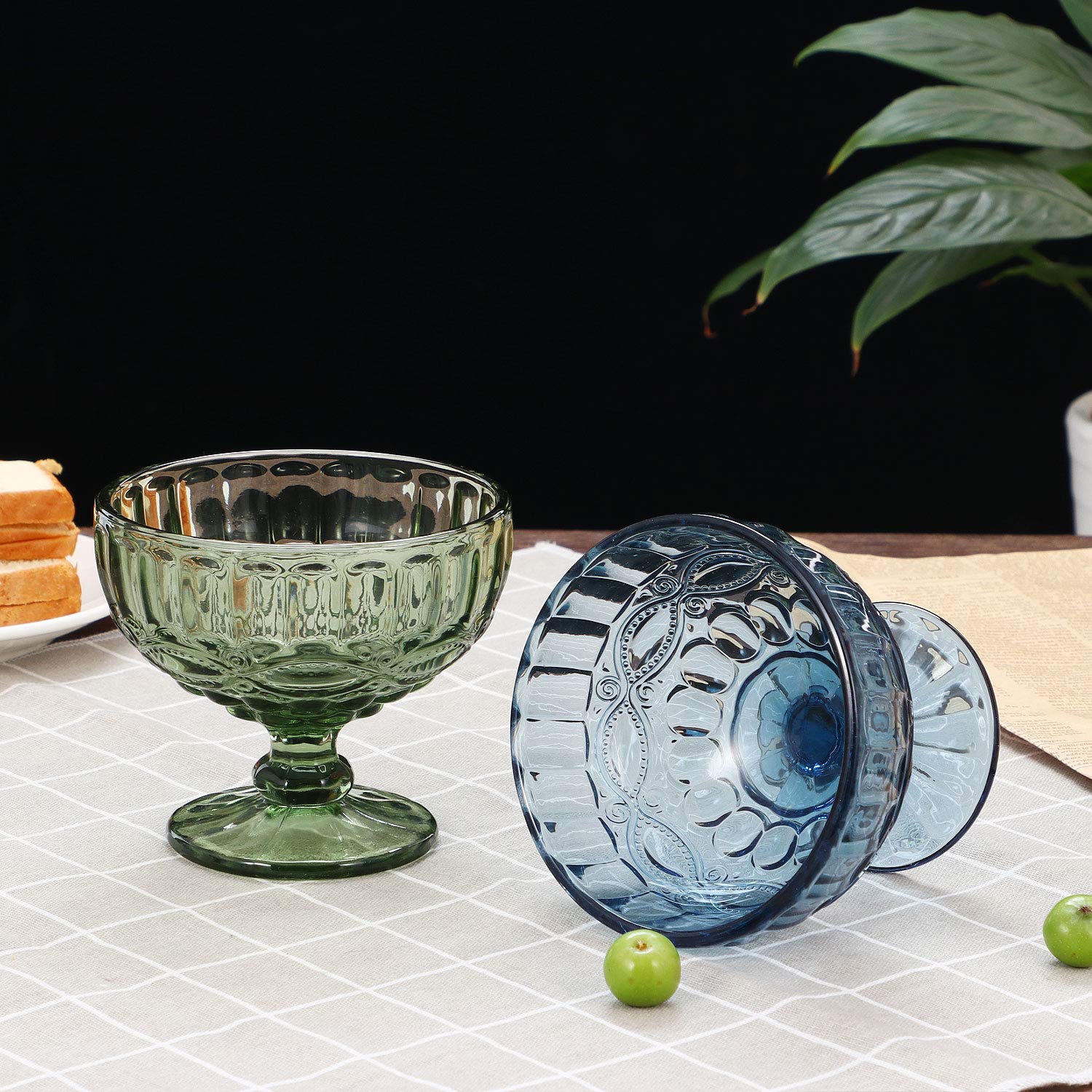 Vanenjoy Green Vintage Pressed Pattern Glass Ice Cream Cups/Dessert Bowls - Set Of 4,12 Oz