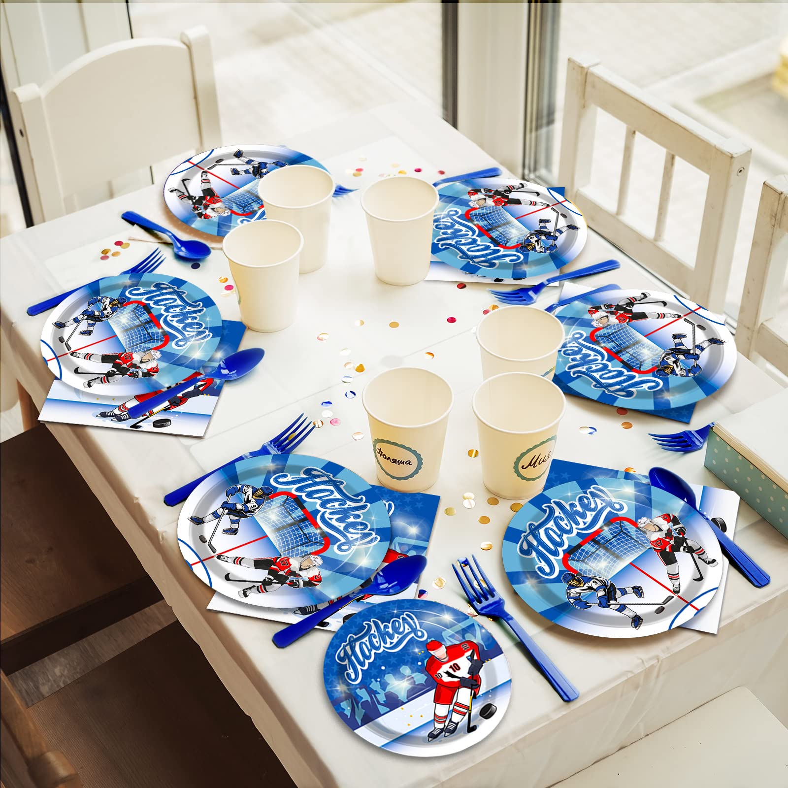 96Pcs Hockey Party Supplies Ice Hockey Birthday Party Plates Napkins Set Disposable Tableware Kit Birthday Party Sport Events De