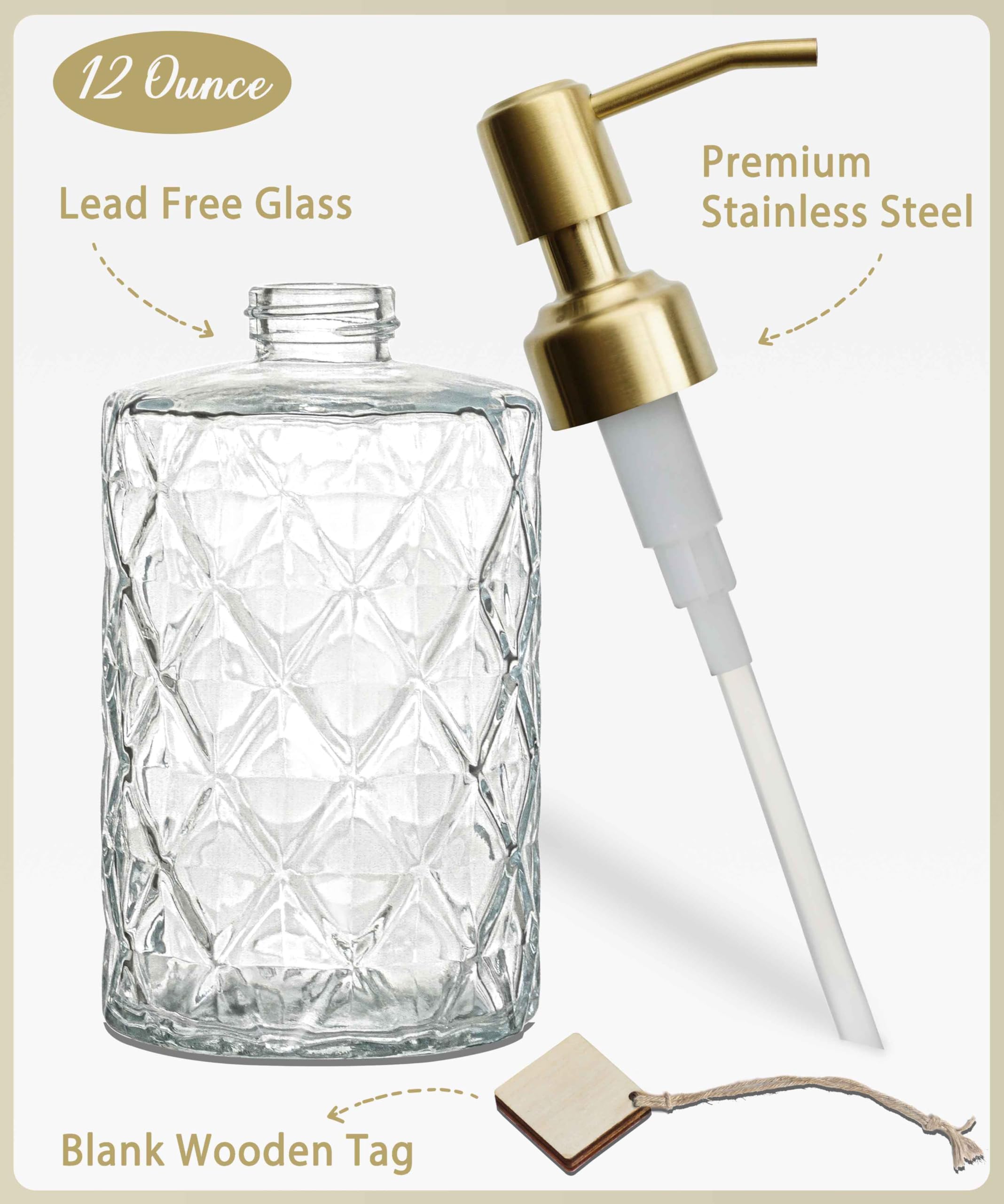 Jasai Diamond Design Glass Soap Dispenser With Golden Pump, Refillable Hand Soap Dispenser For Kitchen, Soap Dispenser Bathroom