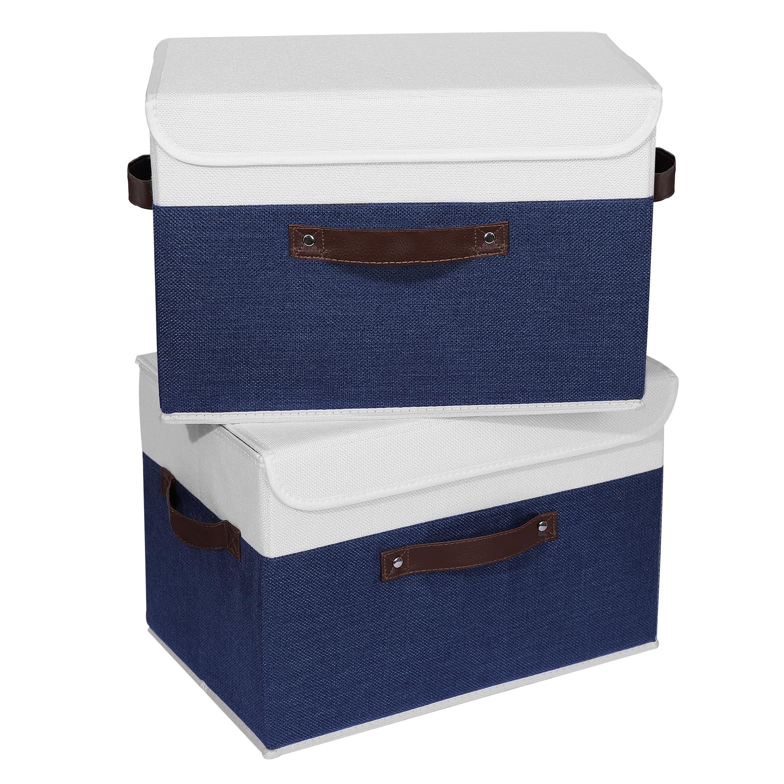 Anminy 2Pcs Storage Boxes With Lid Washable Decorative Storage Bin Basket With Pu Leather Handle Foldable Linen Fabric Storage C