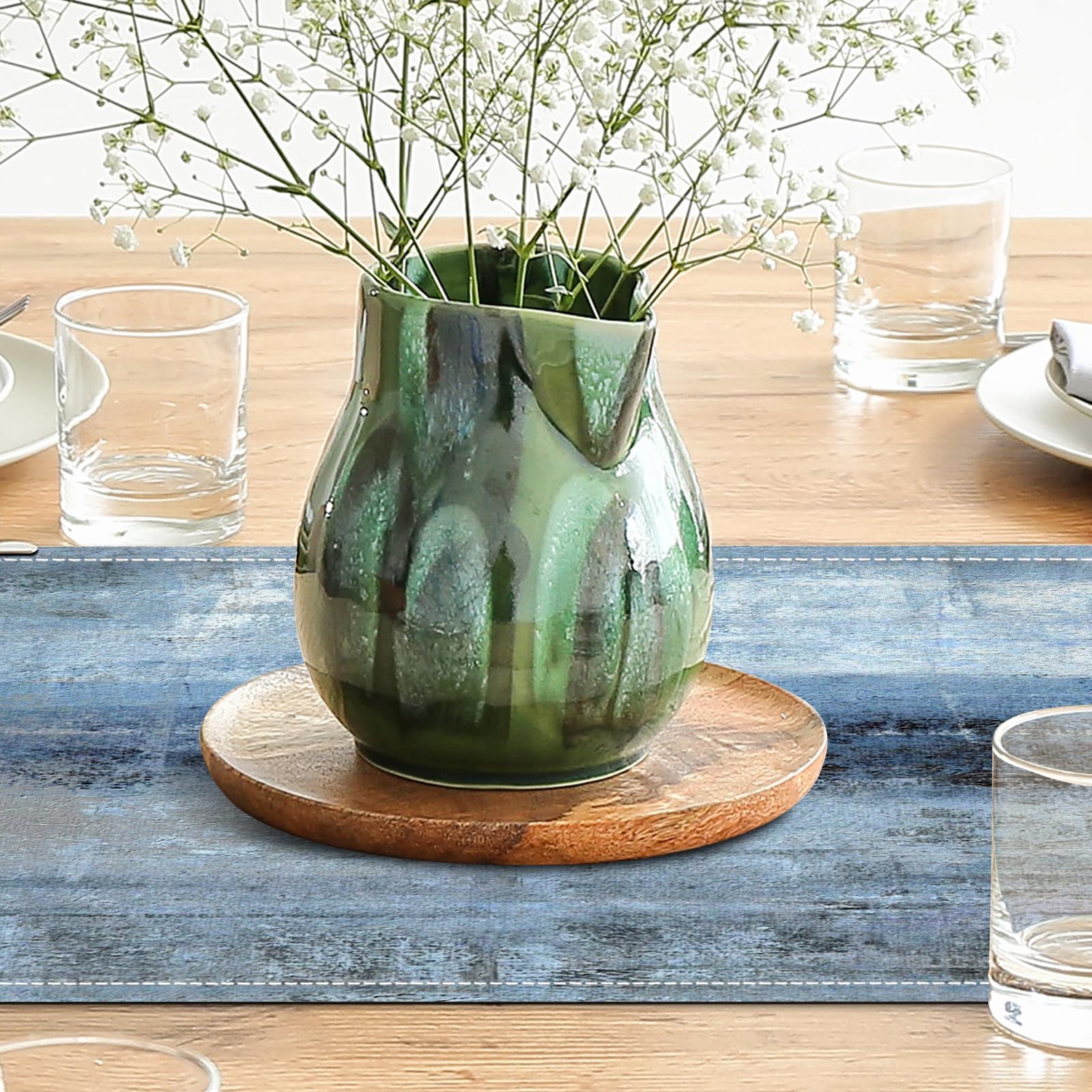 Blue Grey Table Runners Modern Art Farmhouse Linen Table Runners Dresser Scarves Retro Rustic Style for Party Kitchen Dining Tab