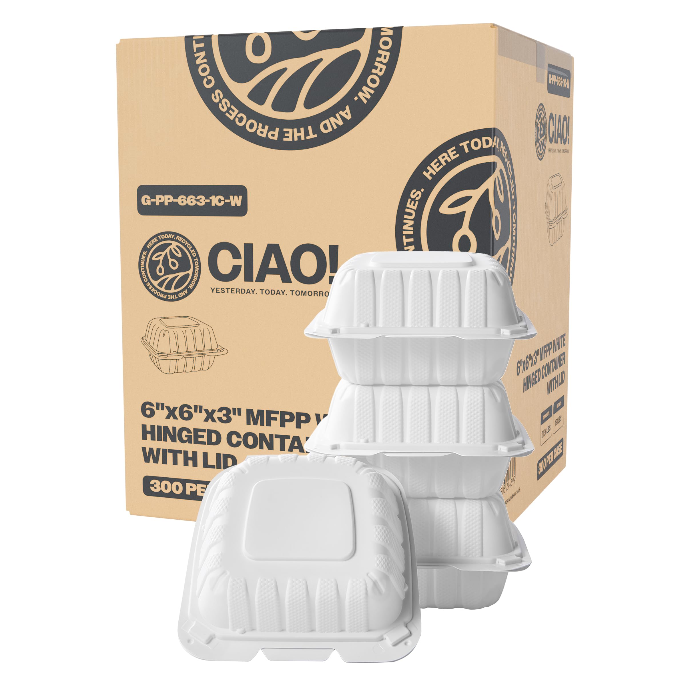 Ciao! 9X9X3 Mfpp White Hinged Container With Lid 3 Compartment (Case Of 150)