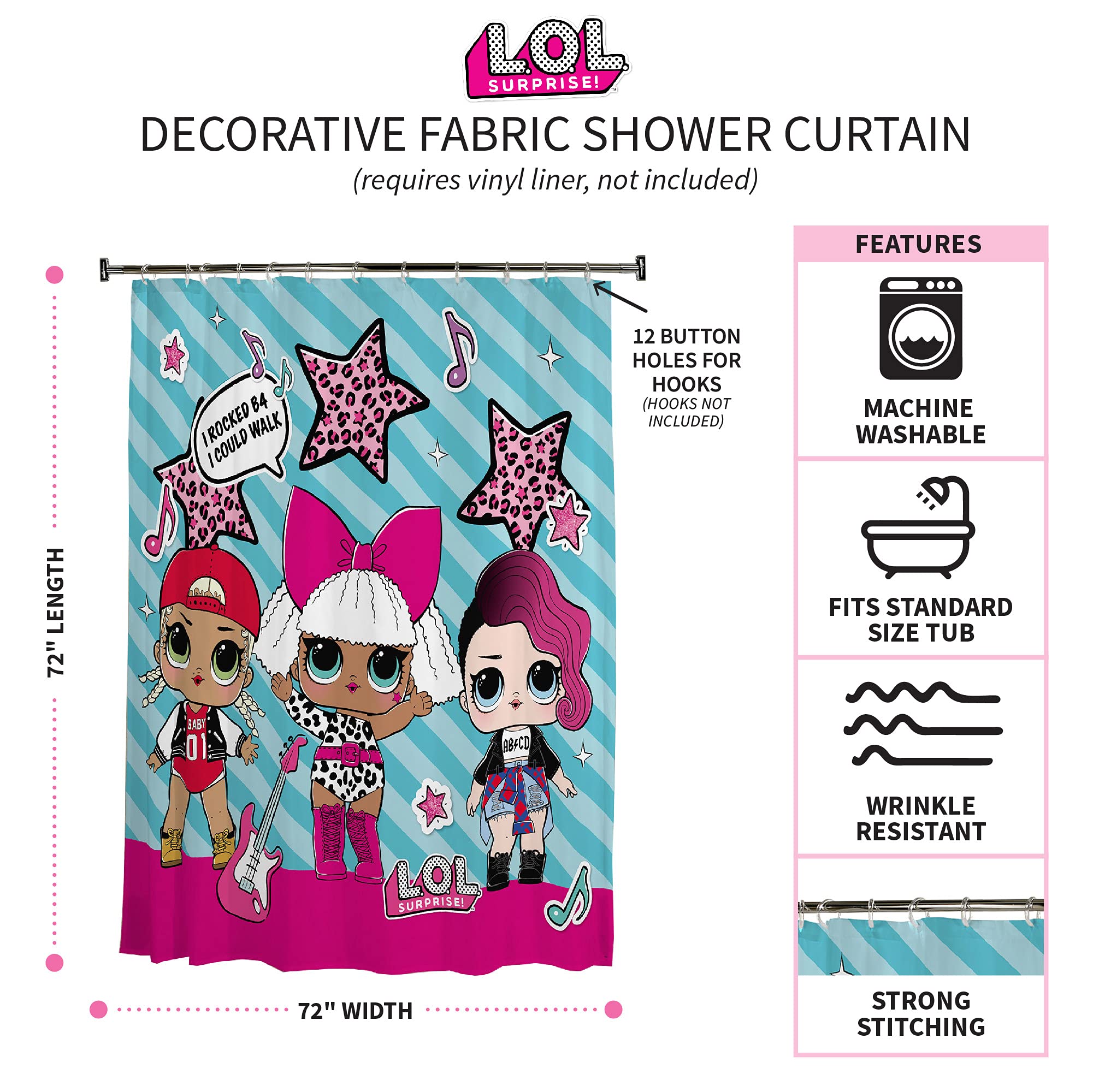 Franco Kids Bathroom Decorative Fabric Shower Curtain, 72 In X 72 In, L.O.L. Surprise!