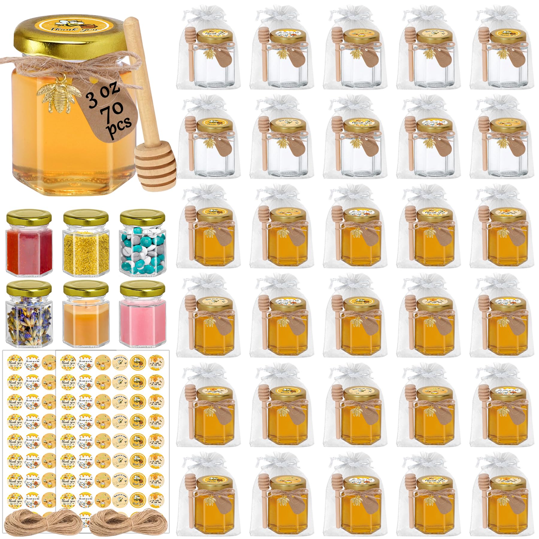 Aliggbent 70 Pack Small Honey Jars for Party Favors in Bulk, 3 oz Mini Hexagon Glass Honey Jars with Dippers, Lids, Cute Sticker
