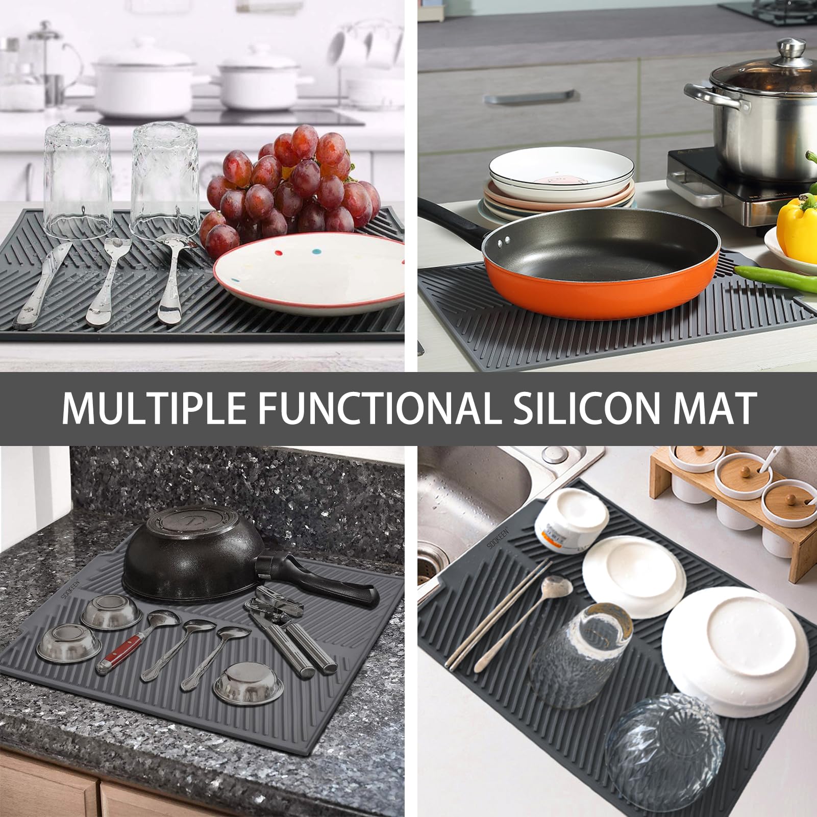 SOQKEEN Silicone Dish Drying Mat 17 x 13 Kitchen Dish Drainer Heat Resistant Mat collapsible Sink Non Slip Kitchen Draining Board grey Sink Mats for Kitchen counter