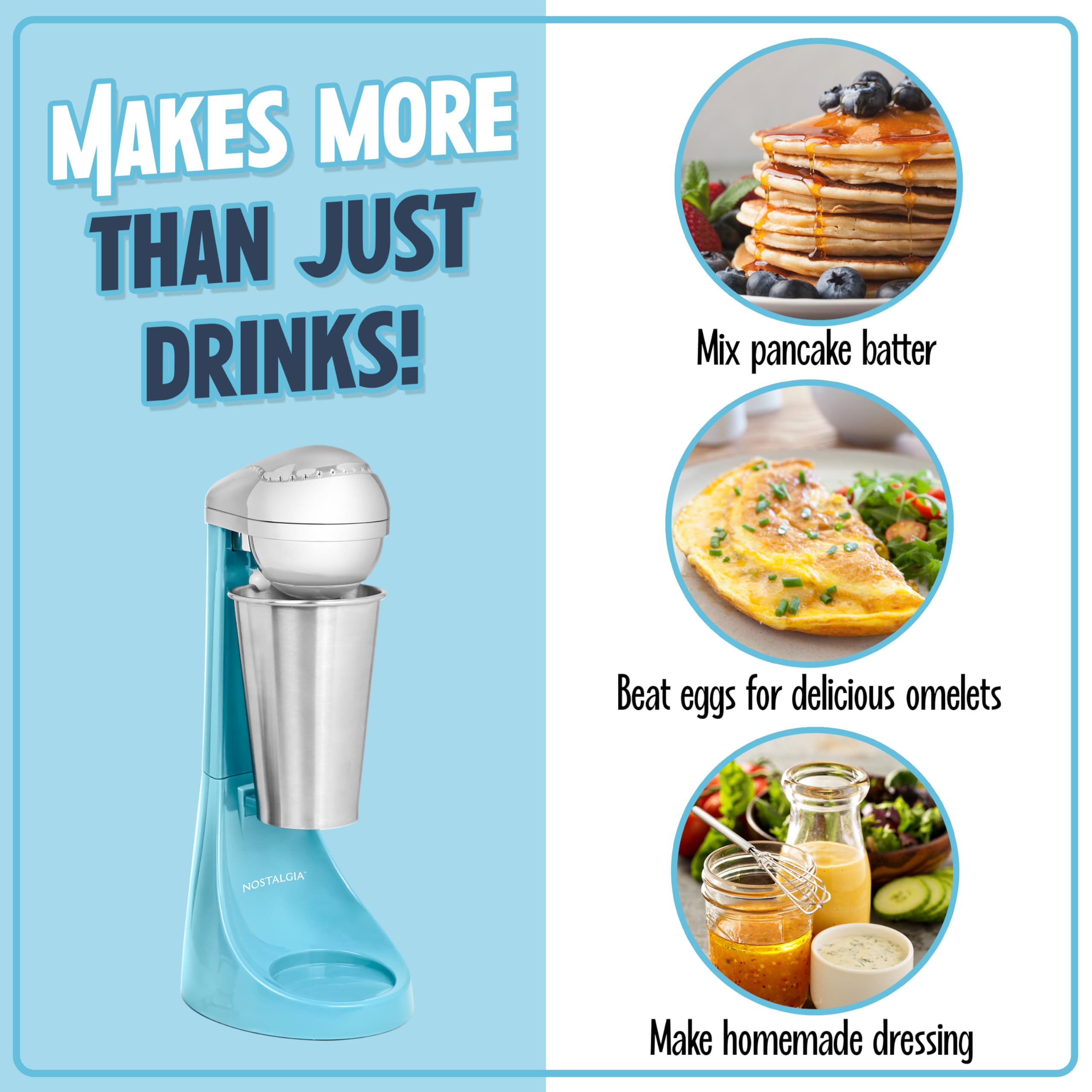 Nostalgia Two-Speed Electric Milkshake Maker And Drink Mixer, Includes 16-Ounce Stainless Steel Mixing Cup & Rod, Blue