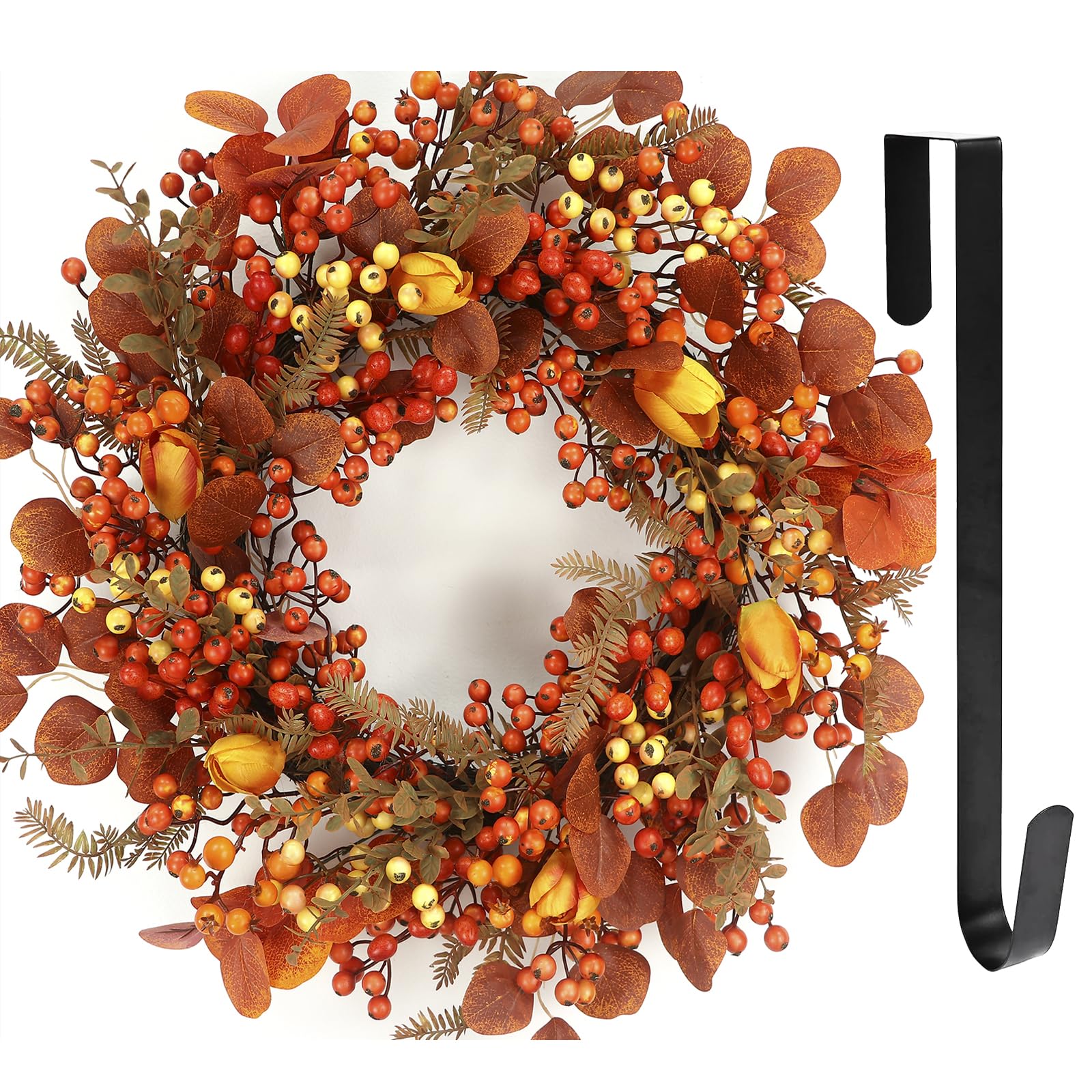 DFRREN 26 Inch Thanksgiving Fall Wreath, Autumn Wreaths for Front Door Fall with Maple Leaves,Oak Leaves,Flowers,and Berries, fo