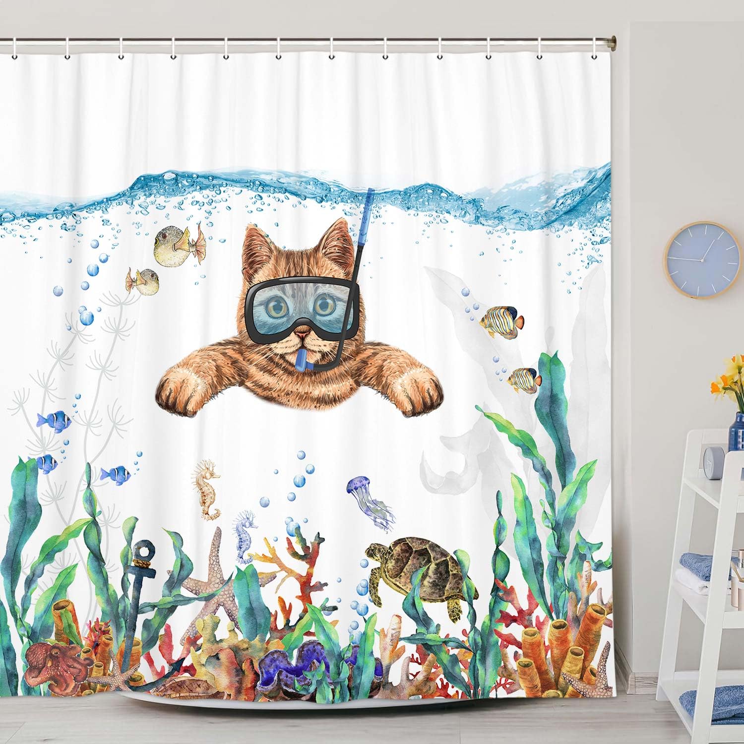 Uokiuki Funny Cat Fabric Shower Curtain, Cat Diving Shower Curtain For Bathroom, Tropical Fish Coral Underwater Sea Animal Showe