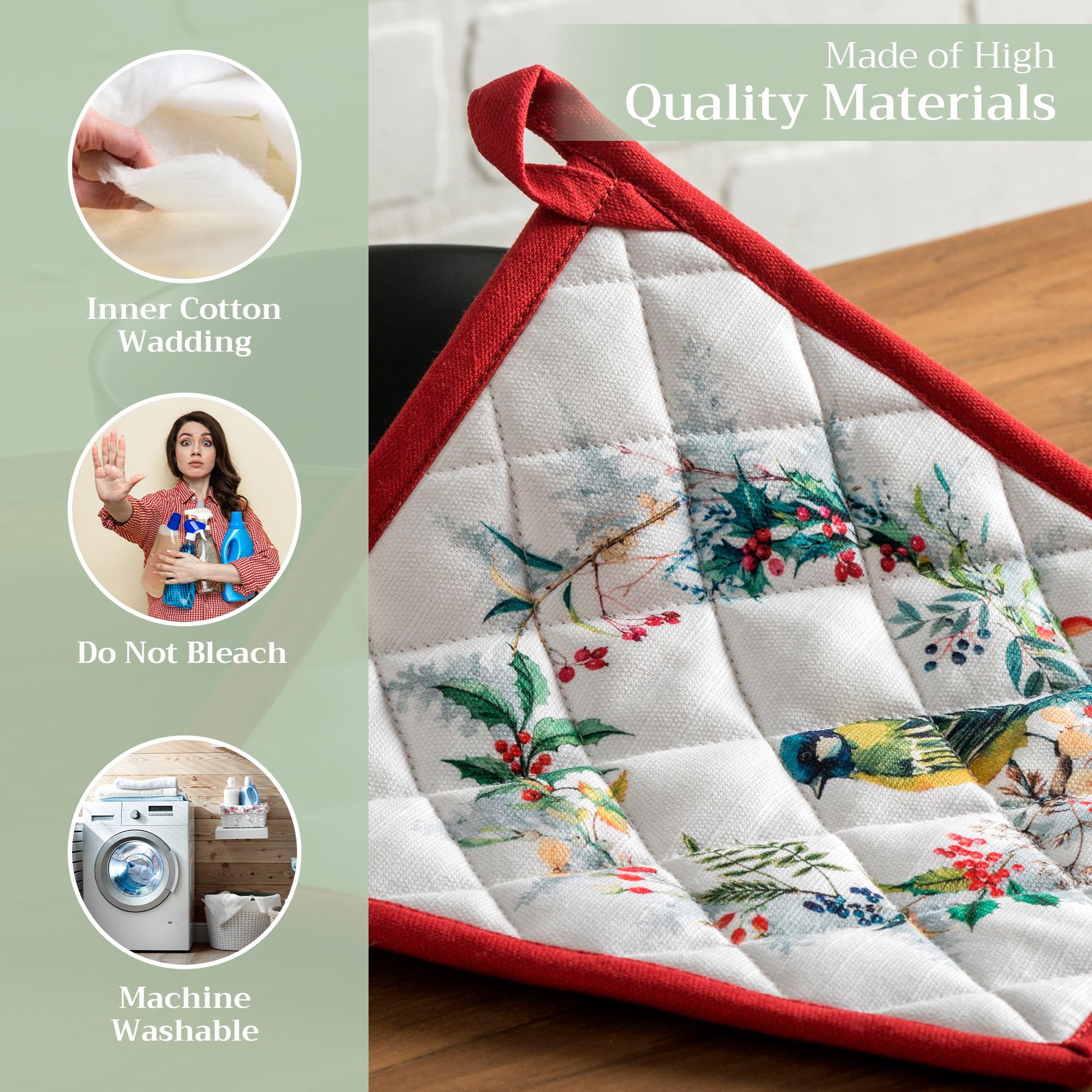 Maison d' Hermine Hot Pads 100% Cotton Pot Holders Set of 2 with Hanging Loop Potholder  Heat Resistant for Gifts  Grilling & Microwave Barbeque  Morzine - Thanksgiving/Christmas (8''x8'')