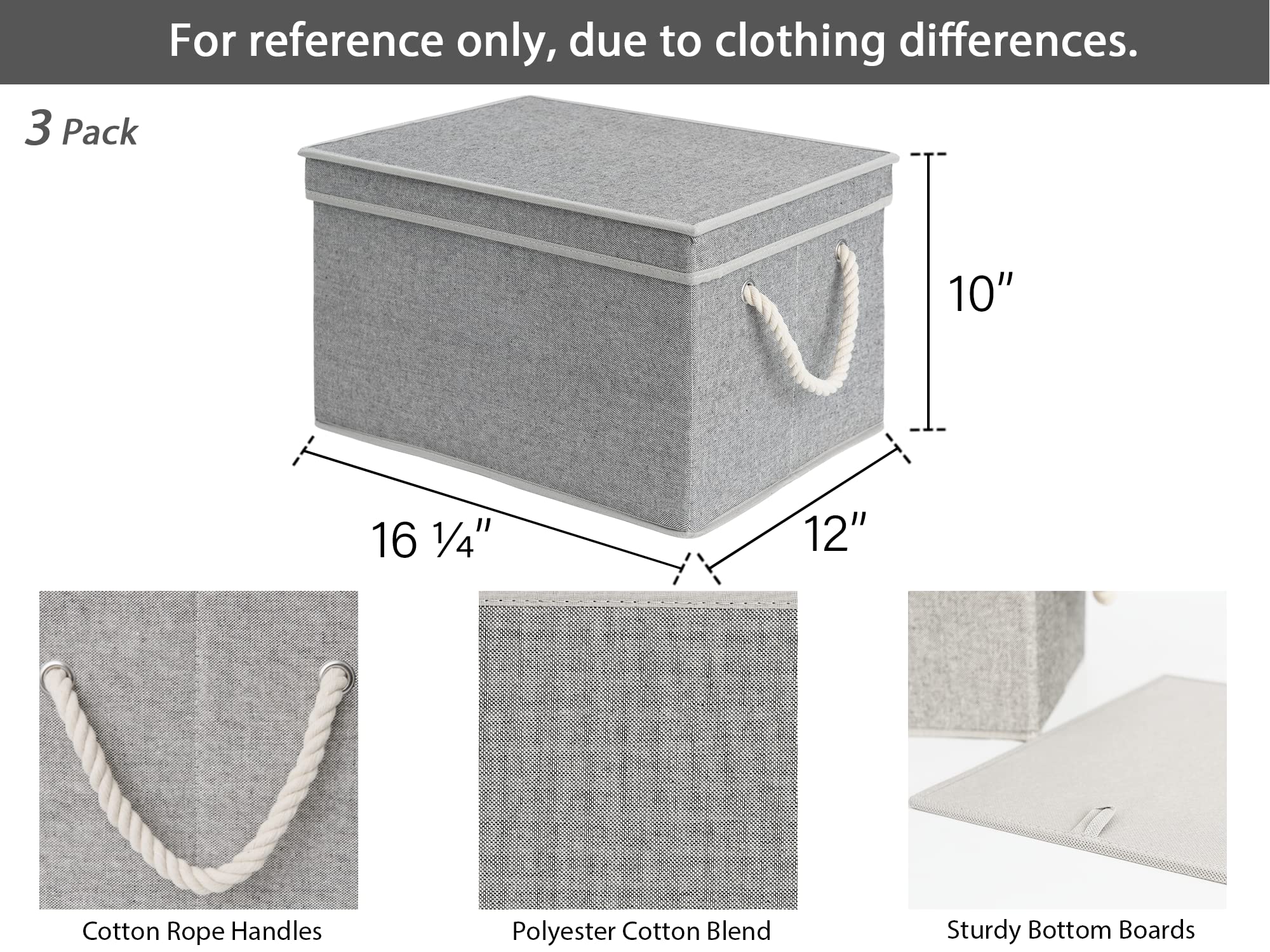 Storageworks 32L Storage Bins With Lids, Decorative Storage Boxes With Lids And Soft Rope Handles, Gray, Jumbo, 3-Pack, 17.25''