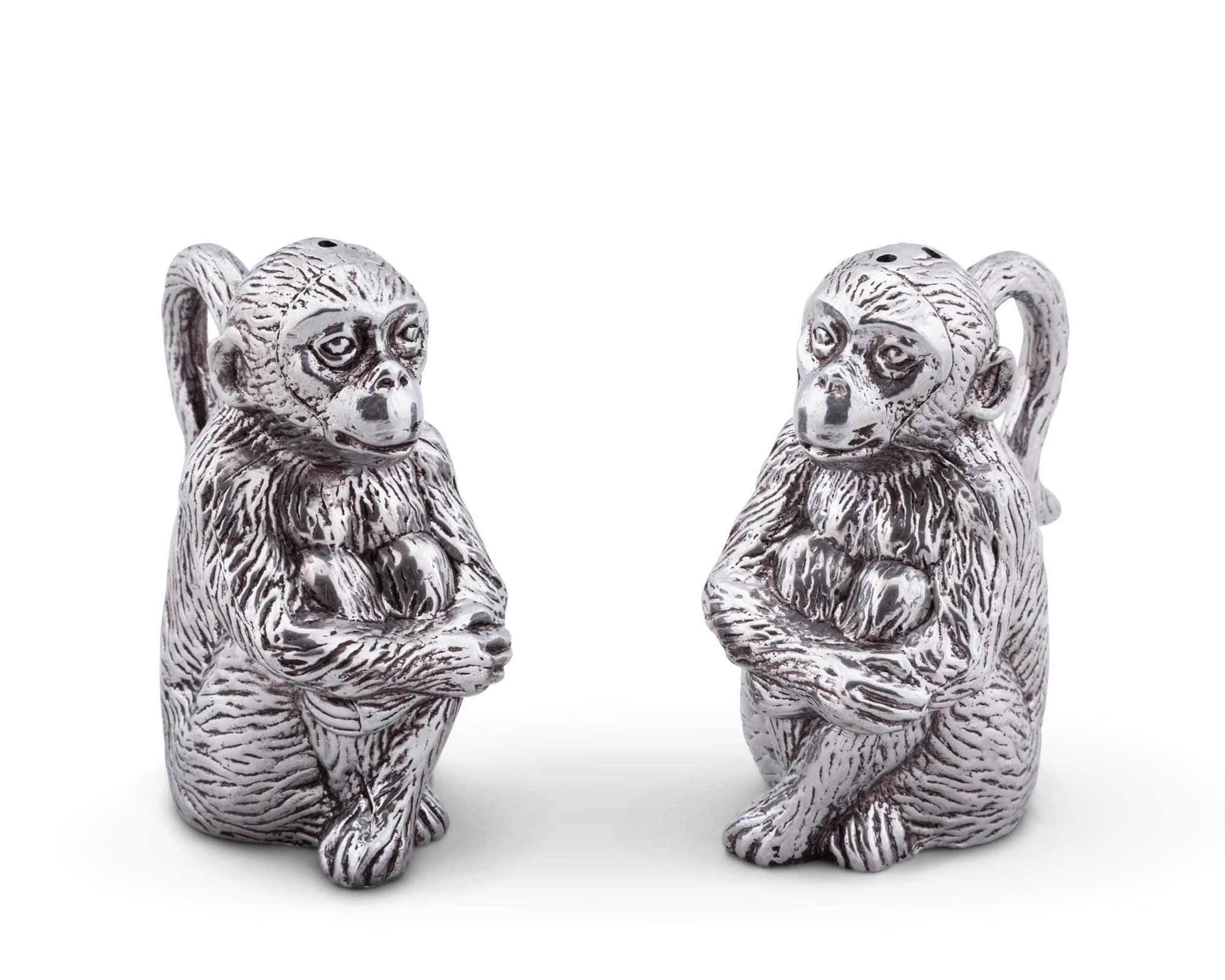 Arthur Court Aluminum Monkey Salt And Pepper Shaker Set - Metal Refillable S/P Shaker 3.5 Inch Tall