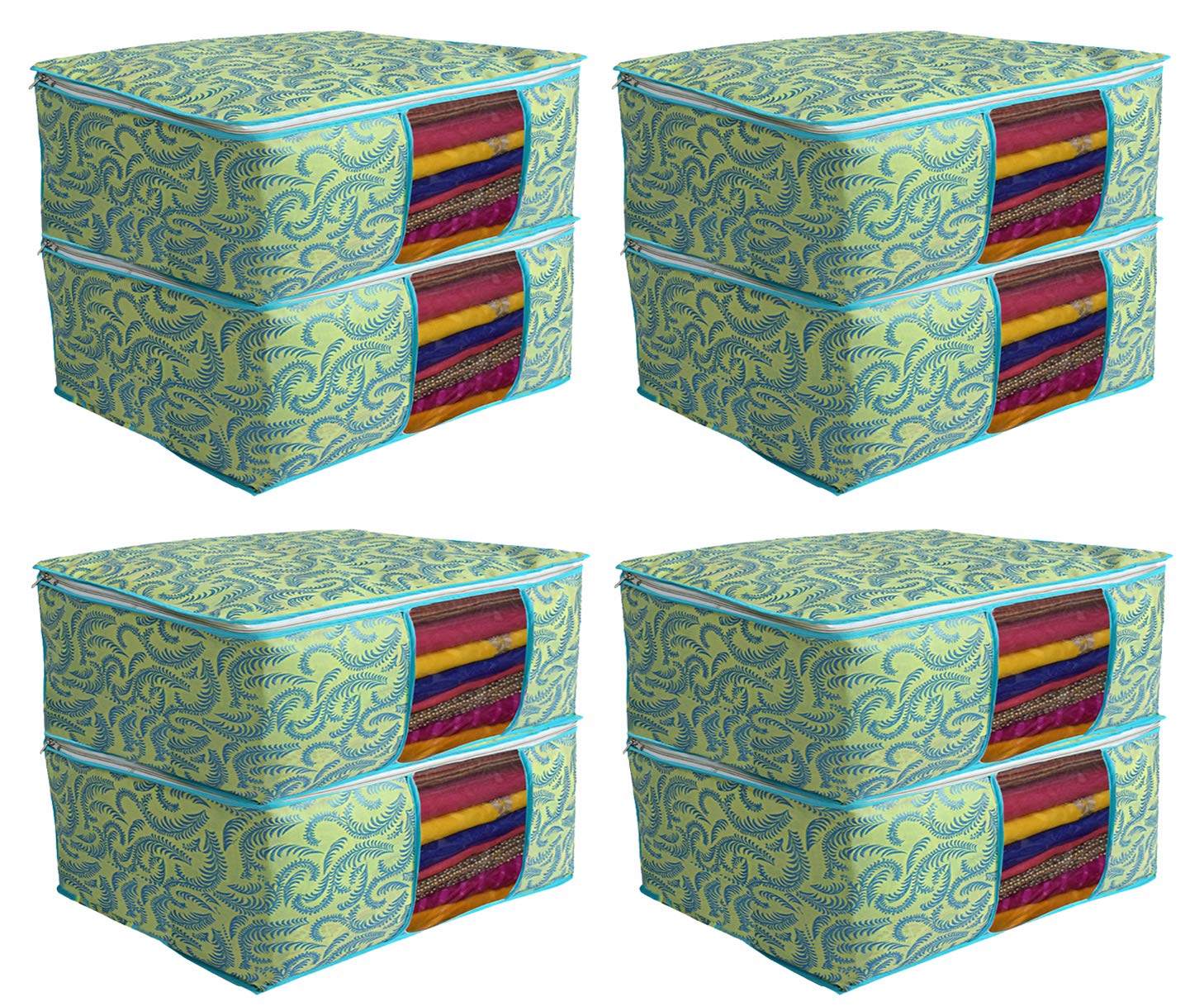 Kuber Industries Metalic Print 8 Piece Non Woven Saree Cover Set, Green