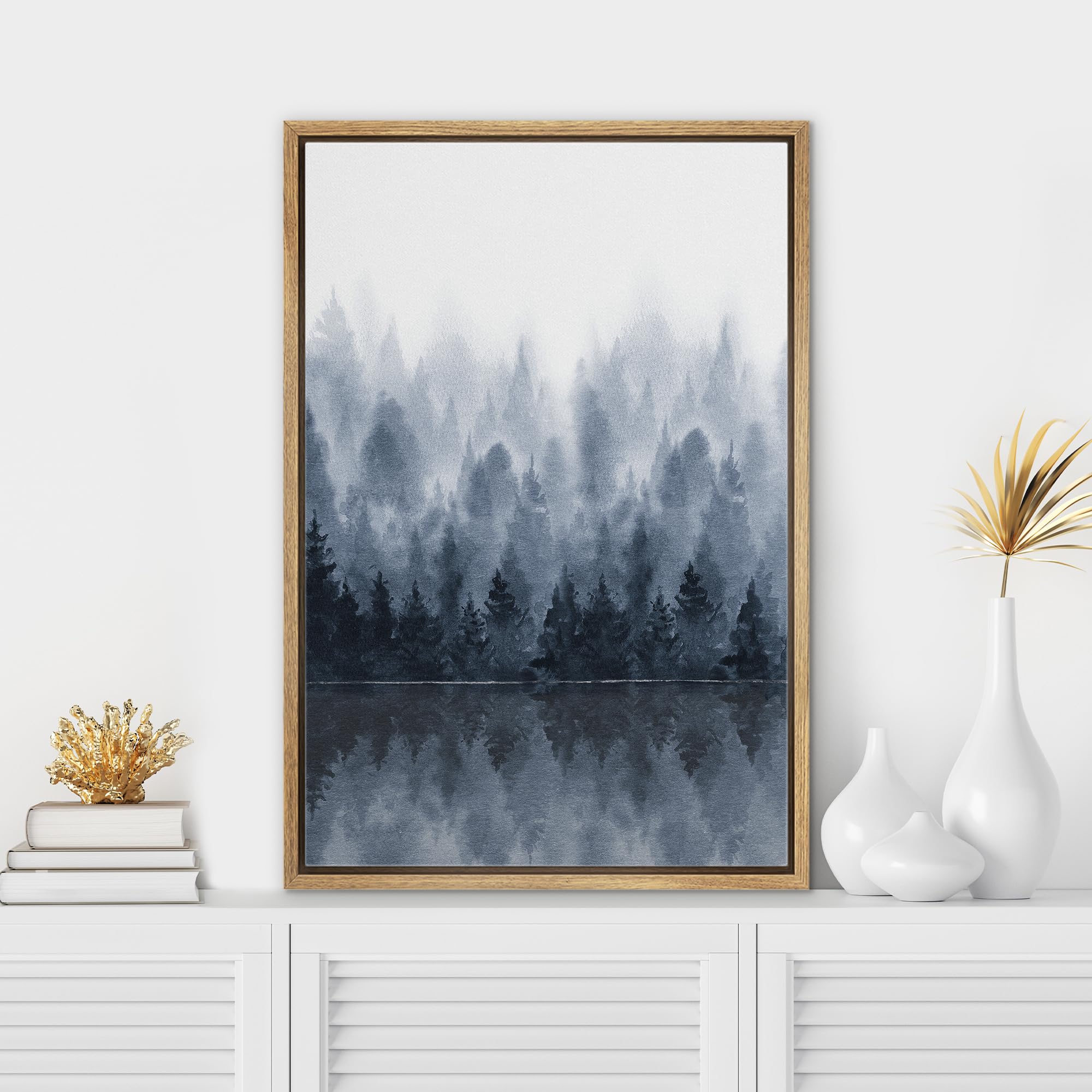 SIGNWIN Framed Canvas Print Wall Art Woodland Nursery Decor Blue Winter Mist Pastel Mountain Forest Nature Modern Art Landscape for Living Room  Bedroom  Office - 24''x36'' NATURAL