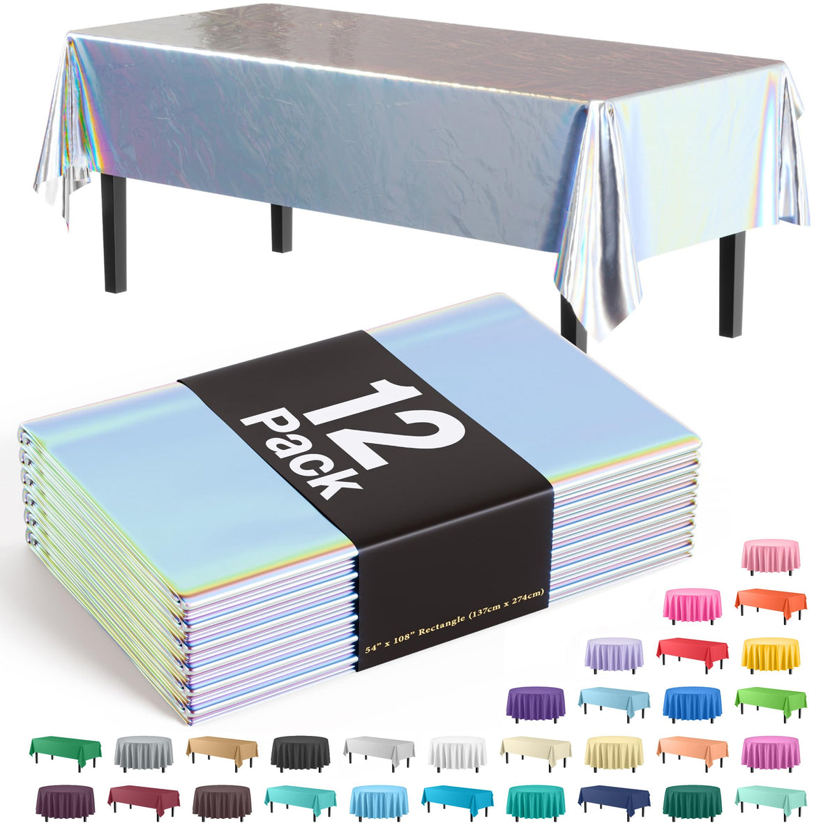 Exquisite 12-Pack - Premium Plastic Tablecloth 54In. X 108In. Rectangle Table Cover - Iridescent