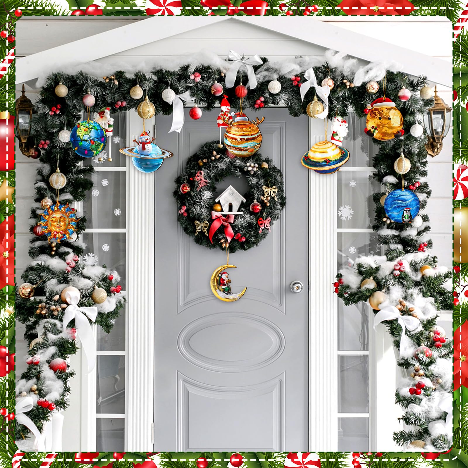 Vercraft 20 Pcs Eight Planets Hanging Christmas Ornaments with Santa Hat Flat Wooden Outer Space Solar System Cutouts Sun Earth
