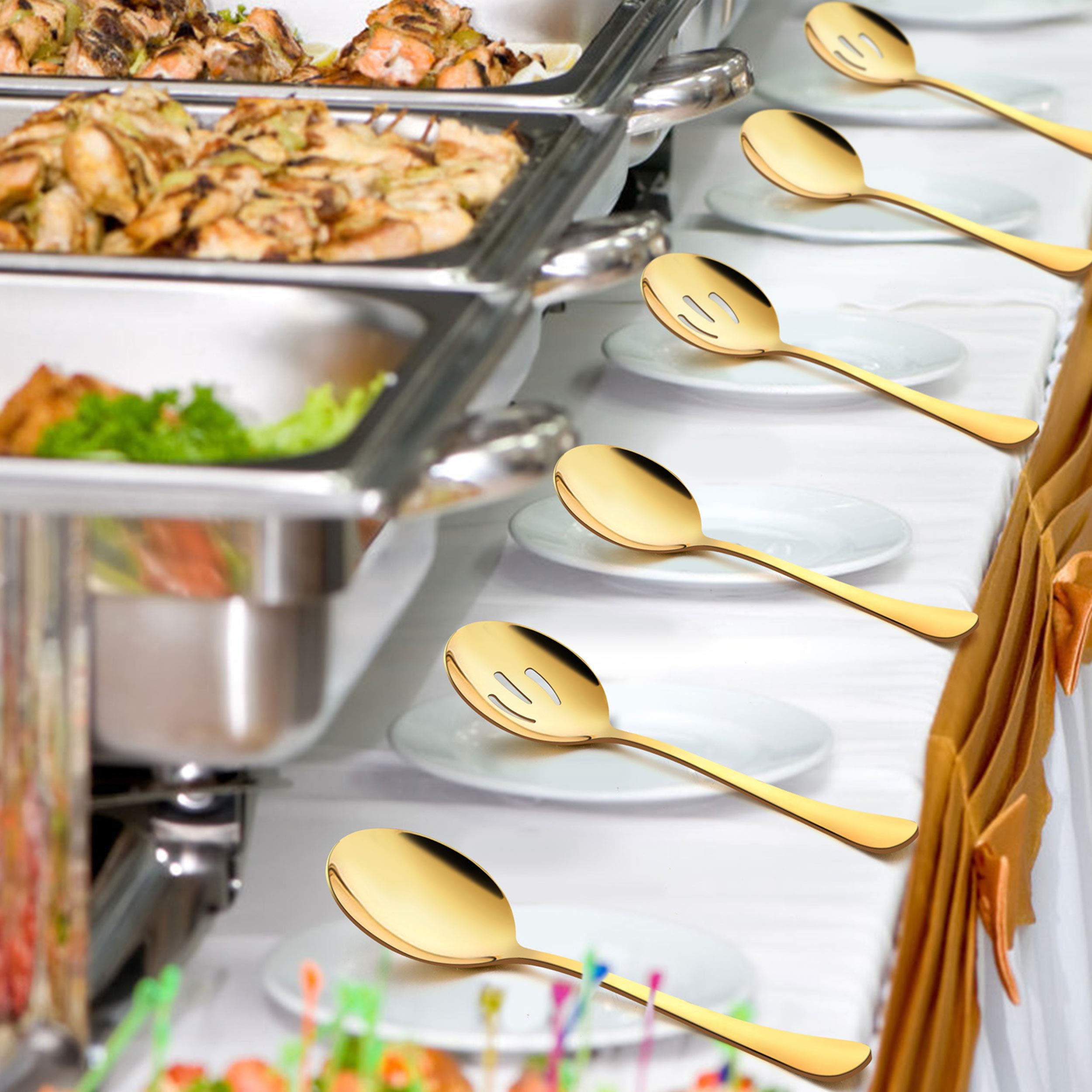 Lianyu 6 Pack Large Gold Serving Spoons Set, 3 Gold Serving Spoons, 3 Gold Slotted Serving Spoons, 9.8Inch Stainless Steel Servi