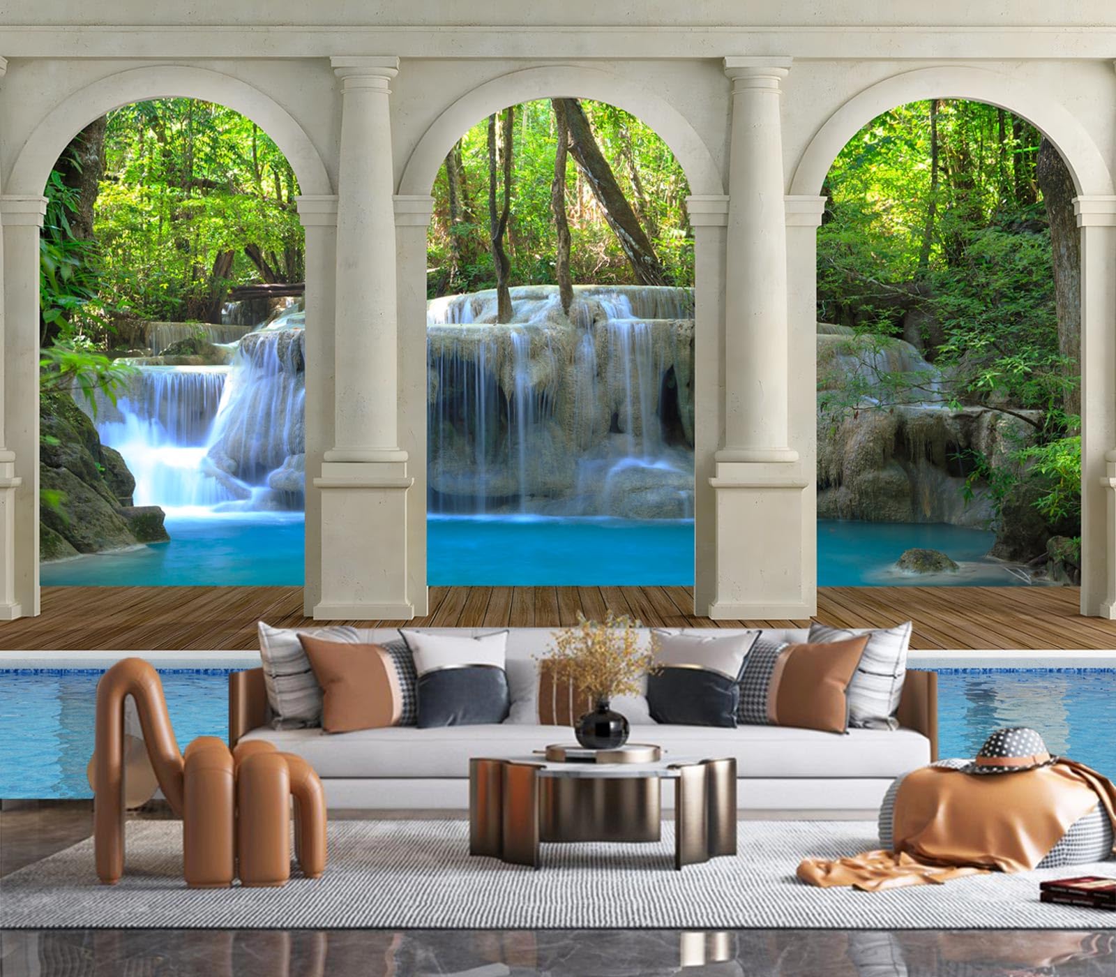 JHGRXFHB-Arched Roman Columns with a Waterfall in the Background Peel and Stick 160 x 114