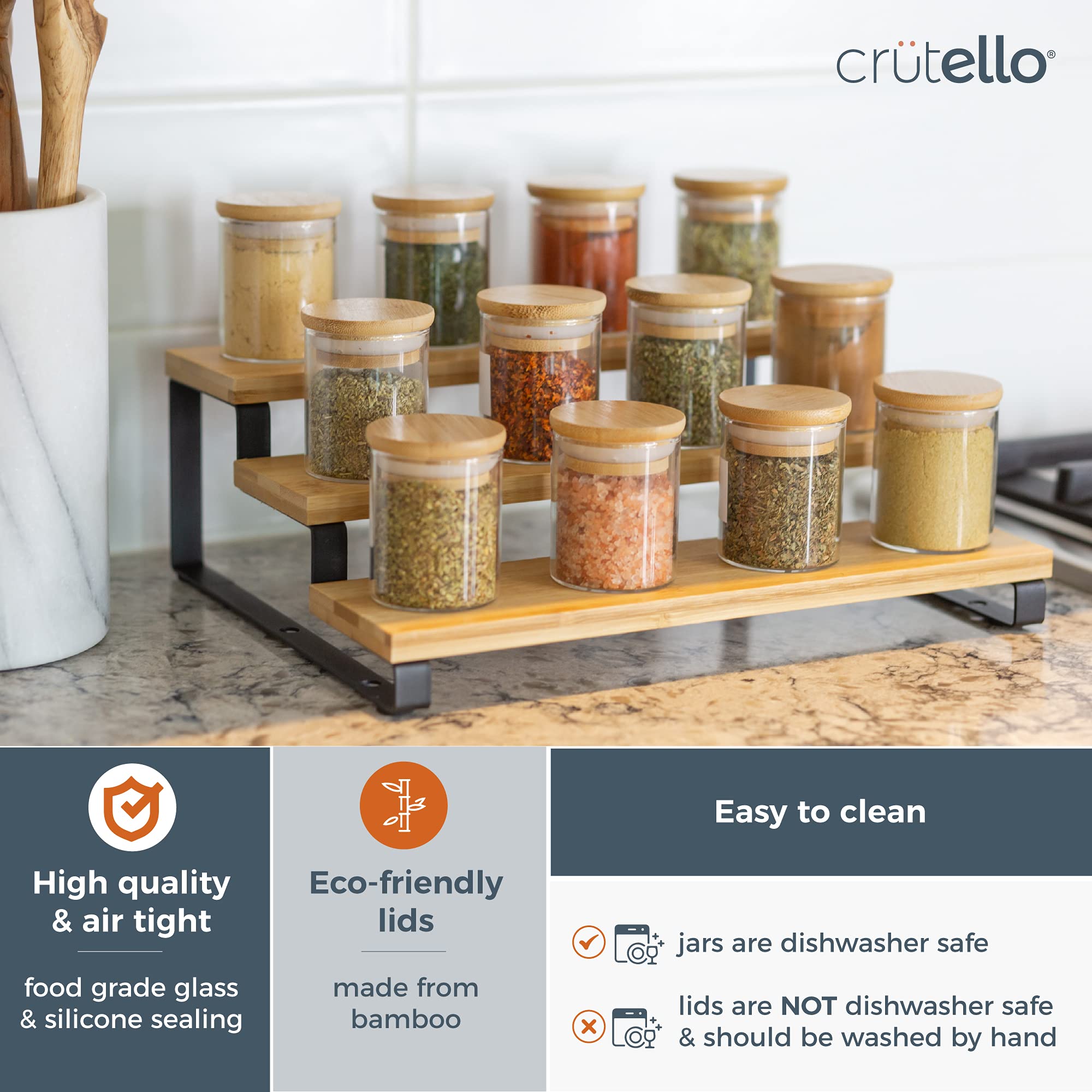 Crutello 20 Pack 2.5 Oz Mini Spice Jars With Bamboo Lids, Dishwasher Safe Jars For Spices, Honey, Beans, Rice, Party Favors