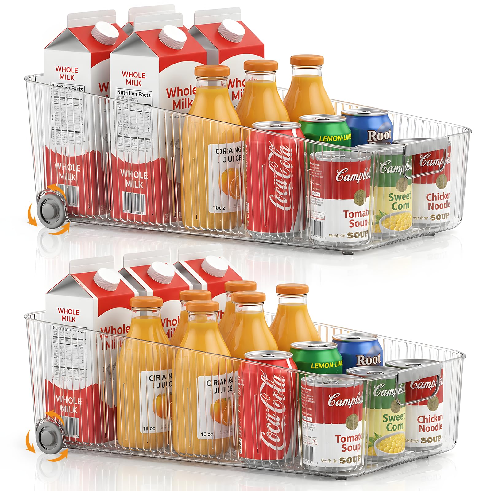 OZEPLASC 2 Pack Fridge Organizer Bins with Wheels, Clear Roll Out Refrigerator Drawers with Adjustable Dividers and Handles, PET