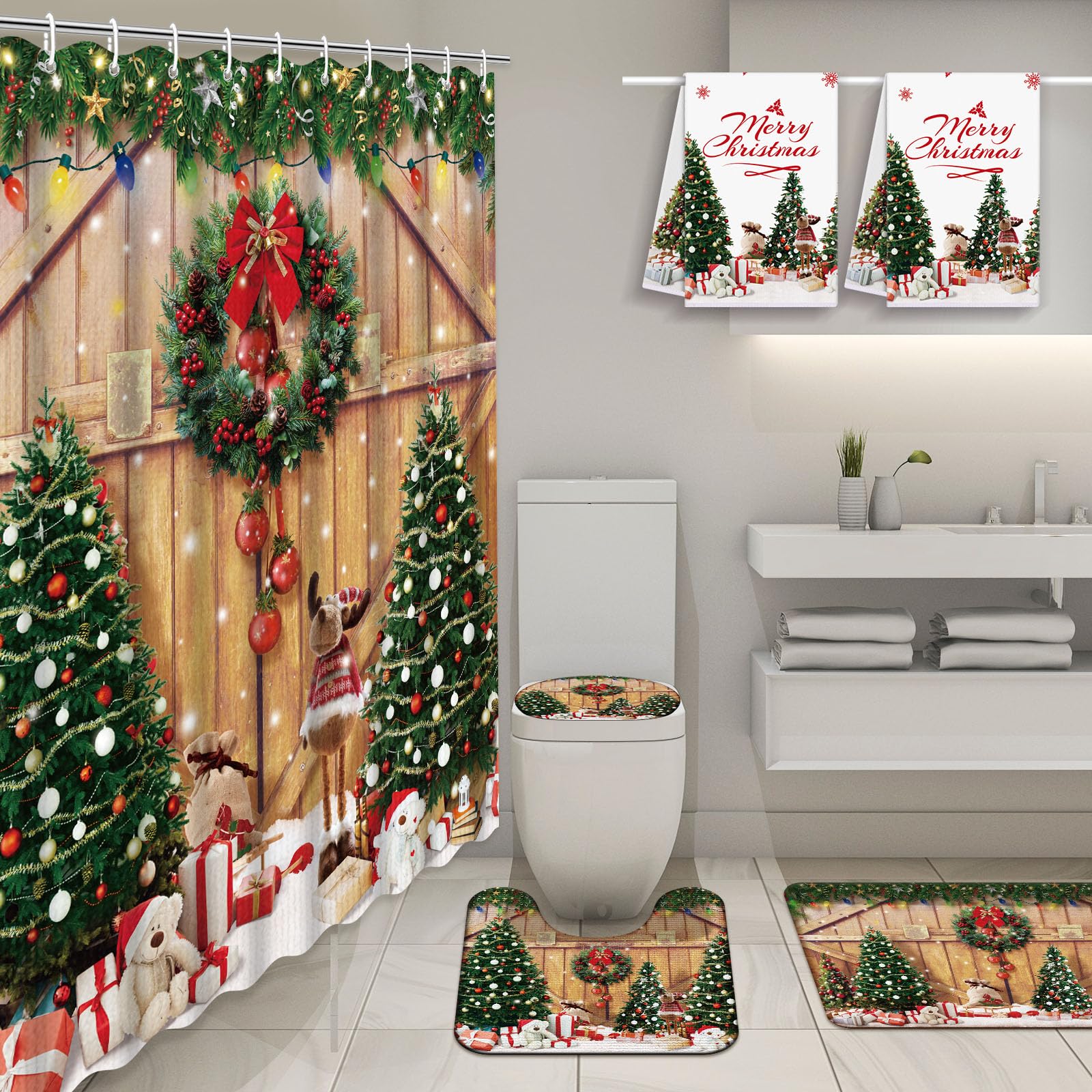 Nuanchu 6 Pcs Christmas Shower Curtain Set with Rug Bathroom Sets with Shower Curtain Bath Mat U Shaped Mat Toilet Lid Cover 2 B