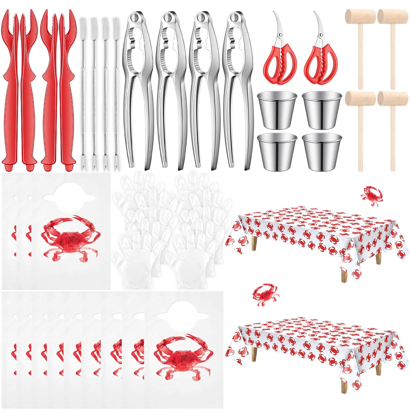 Acellegic 48 Pcs Seafood Tools Set Include Crab Crackers Forks/picks Shellers Seafood Scissors Hammer Dipping Sauce Cups Bibs Di