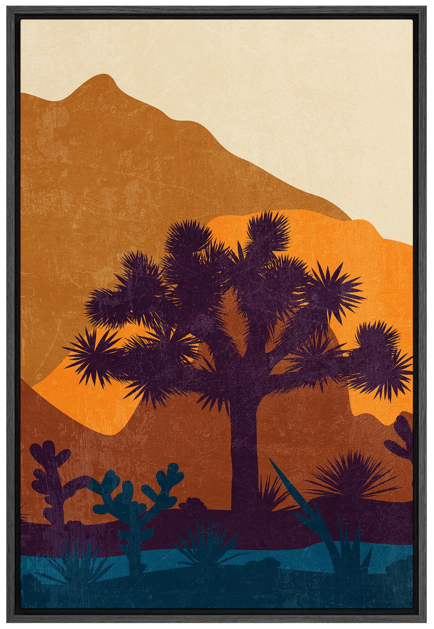 Signford Framed Canvas Print Wall Art Colorful Desert Landscape With Palm Tree Silhouettes Nature Wilderness Illustrations Decor
