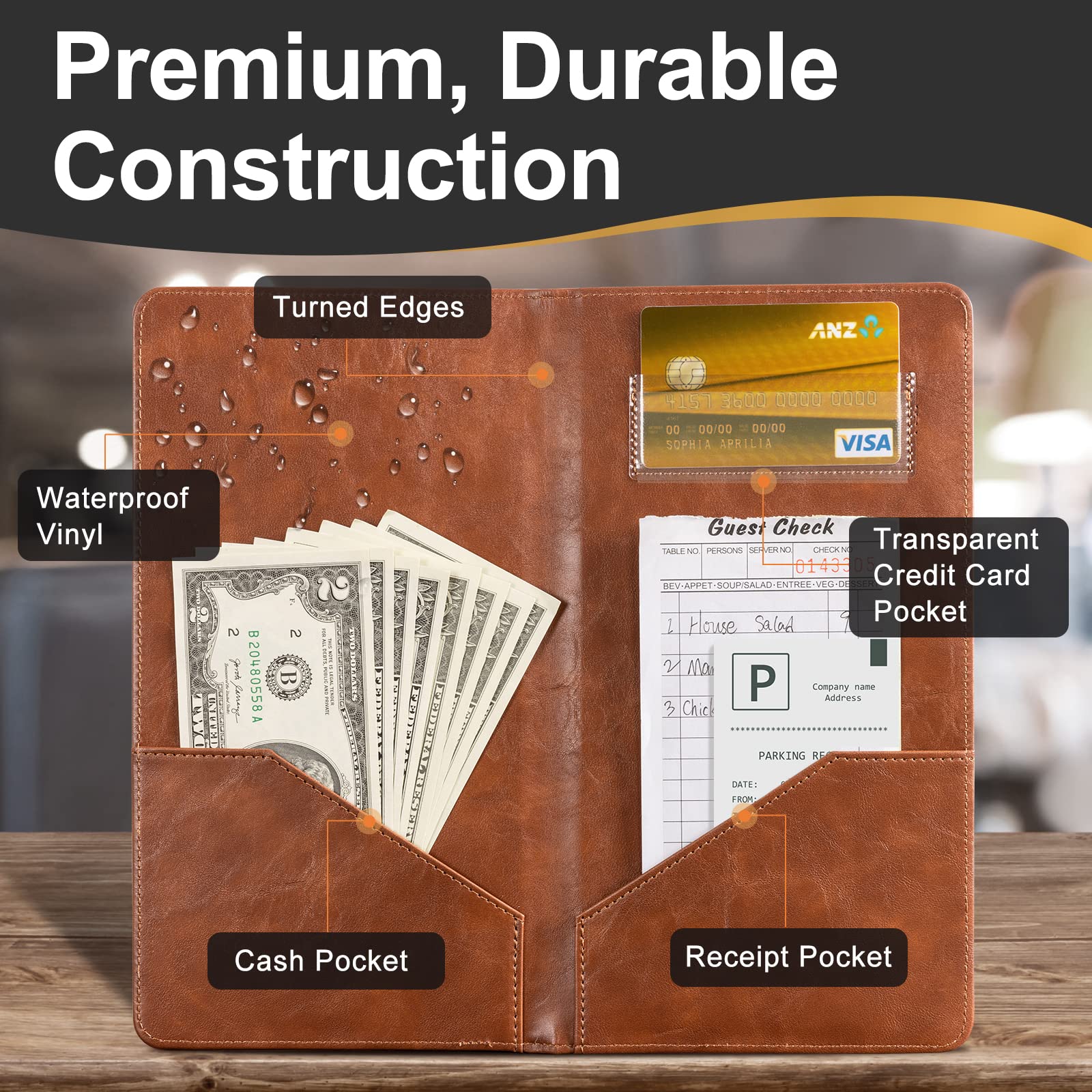 CoBak Restaurant Check Presenters  Guest Check Card Holder with Fork&Spoon Imprint  Restaurant Bill Holder  Check Presenters for Restaurants  Servers  Bars  Hotels  Waiter  Waitress - Brown 20 Pack