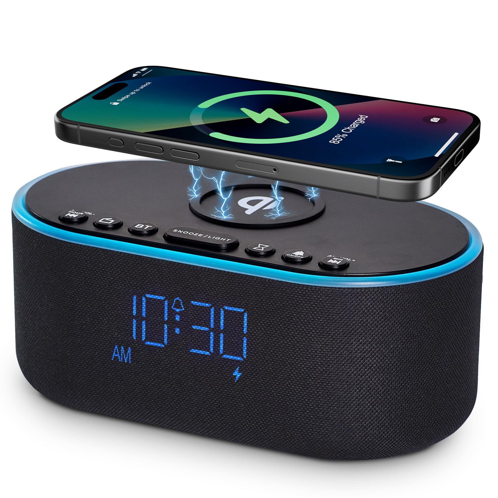 Odokee Wireless Charging Alarm Clock Radio: Qi Certified Fast Wireless Charger for iPhone Samsung - 10W Stereo Bluetooth Speaker