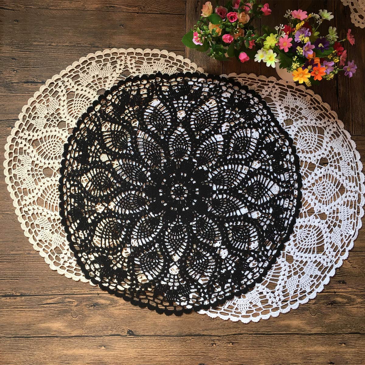 Mindplus Cotton Hand Crochet Doilies Lace Crocheted Table Cloth Doily 24 Inches Round Black