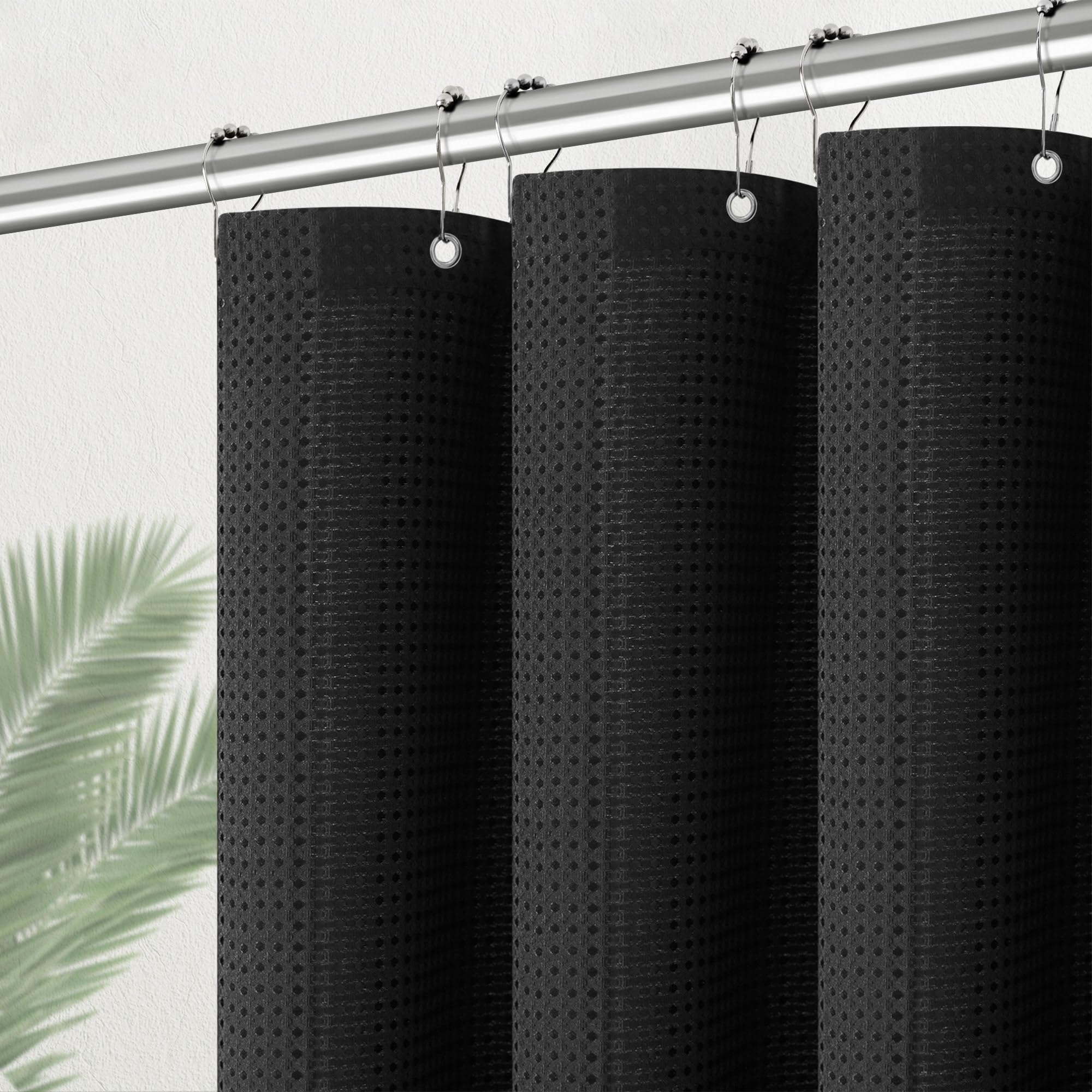 Pangsinne Black Stall Fabric Shower Curtain - Water Repellent Waffle Textured 256Gsm Heavy Duty Cloth Shower Curtains For Bath T