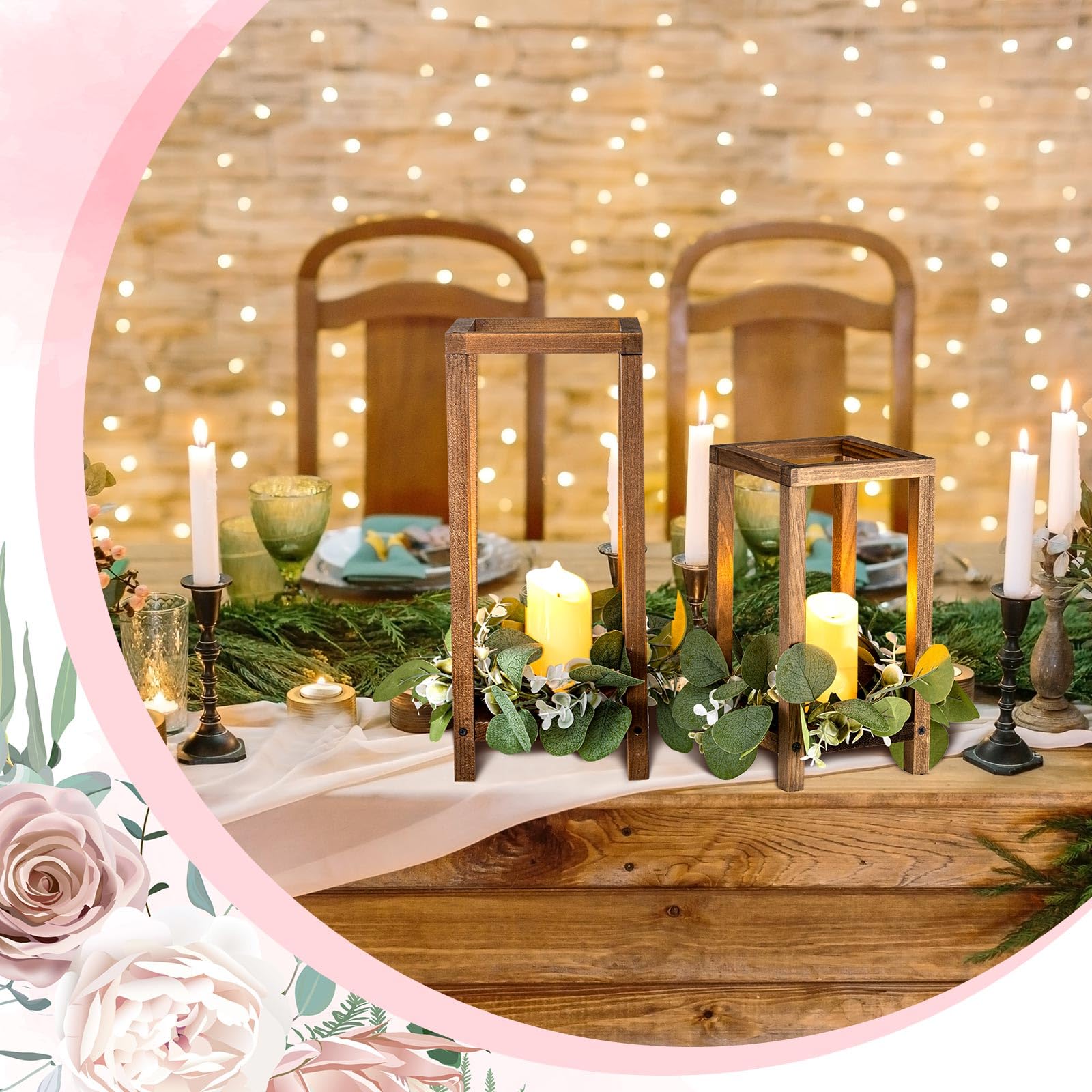 Geelin 12 Set 10.59  , 13   Brown Wooden Lanterns for Wedding Centerpieces Include 12 Wooden Lantern 12 LED Candle 12 Eucalyptus