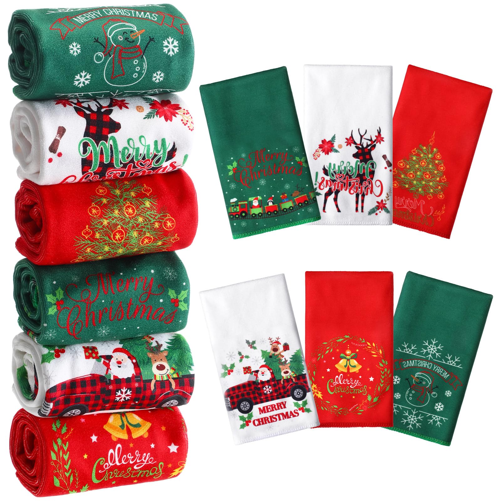 6 Pieces Christmas Decorative Hand Towels Embroidered Santa Reindeer Snowman Christmas Tree Dish Towels Fabric Bathroom Towels f