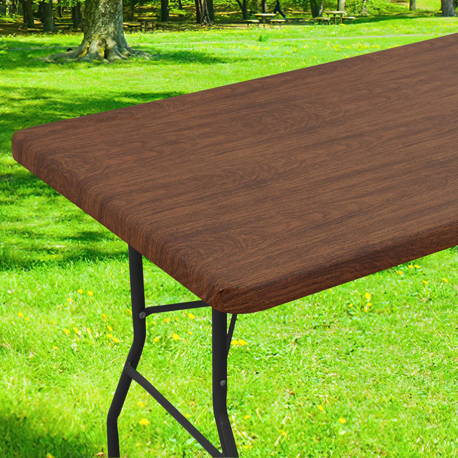 Smiry Rectangle Table Cloth Cover, Waterproof Elastic Fitted Picnic Tablecloth for 8 Foot Tables, Wipeable Flannel Backed Vinyl 