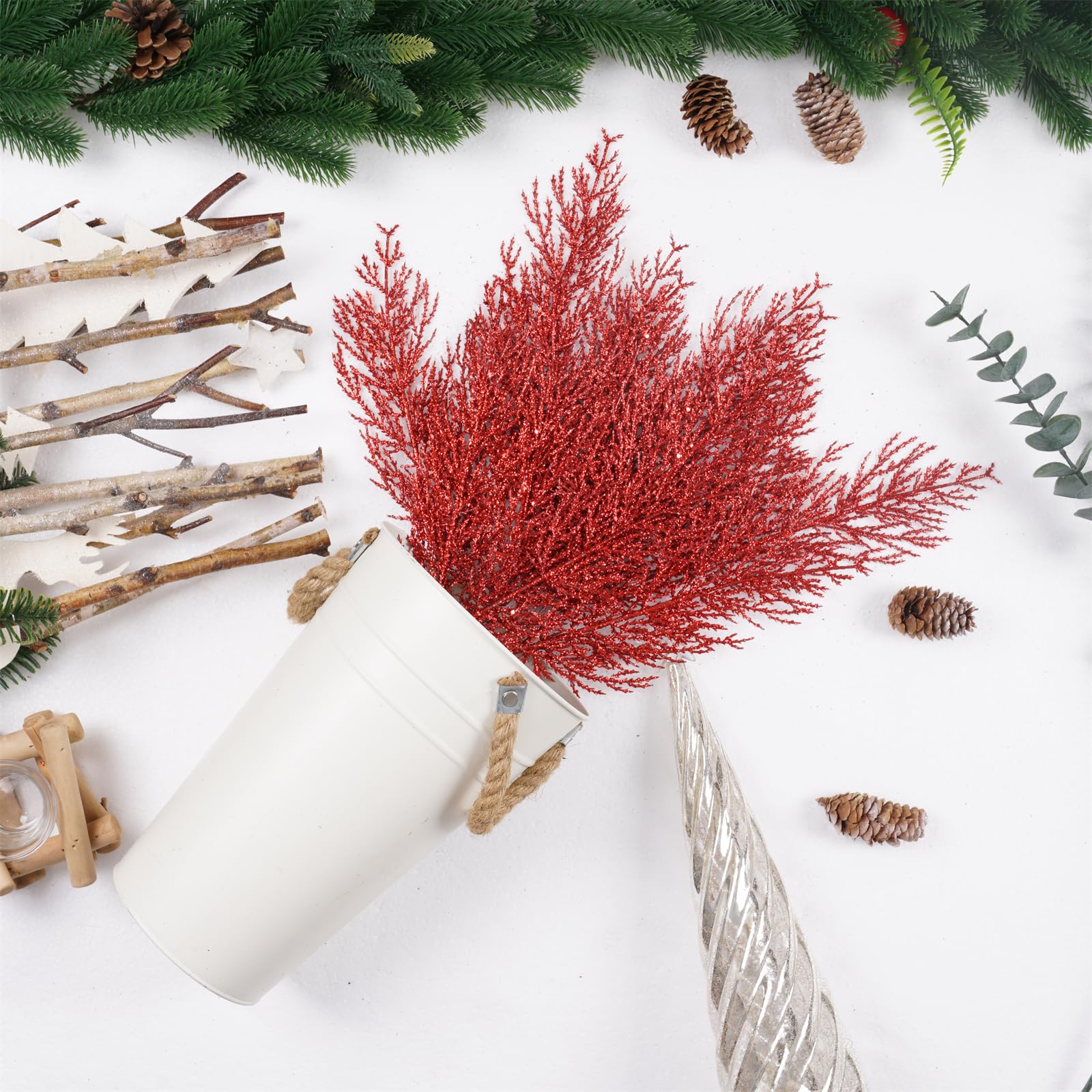 Christmas Glitter Twigs 24pcs Artificial Pine Tree Picks for Christmas Tree Ornaments fillers, DIY Xmas Wreath, Crafts, Garland,
