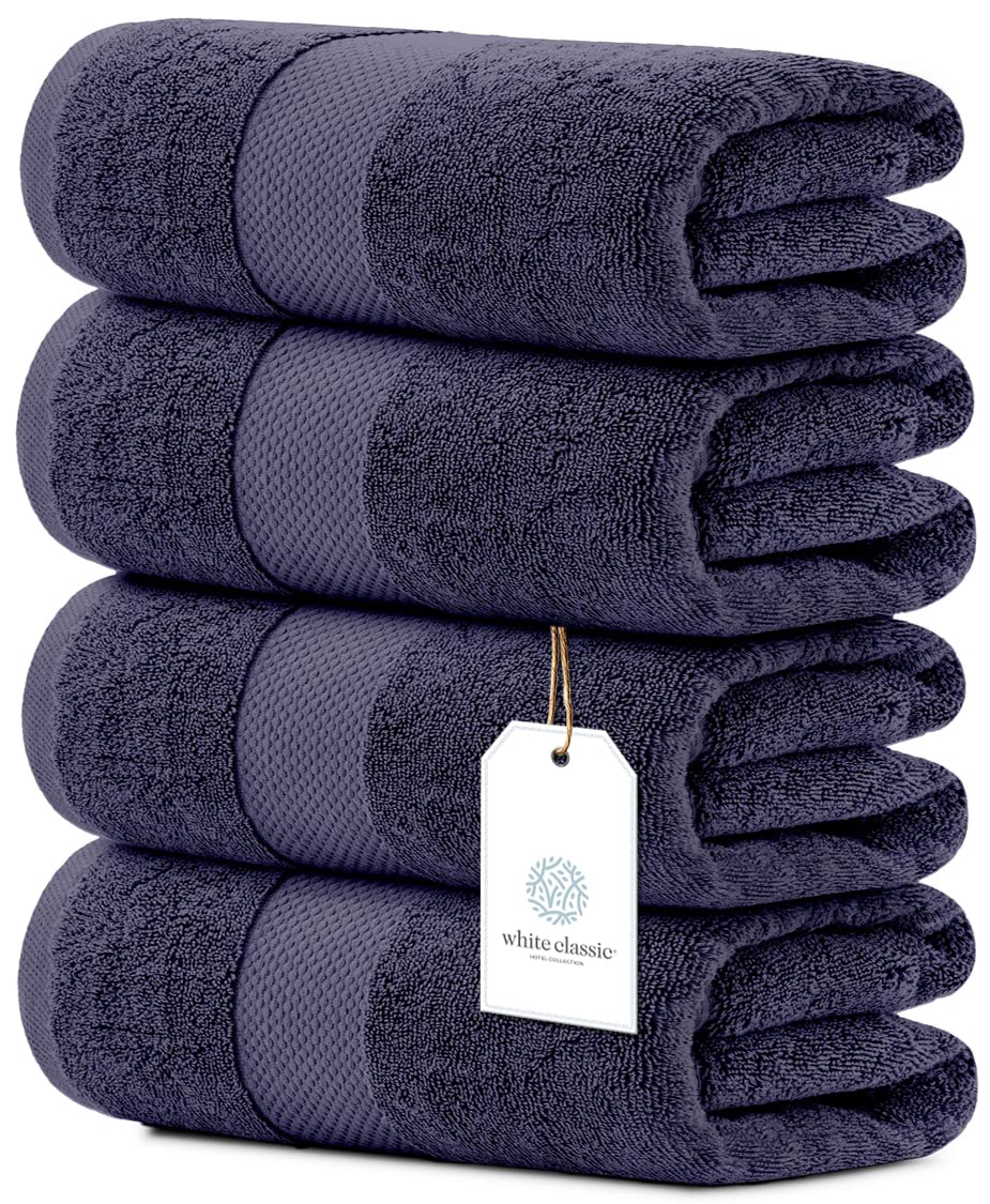 Luxury White Bath Towels Large - 100% Soft Cotton 700 Gsm | Absorbent Hotel Bathroom Towel | 27 Inch X 54 Inch | Set Of 4 | Navy