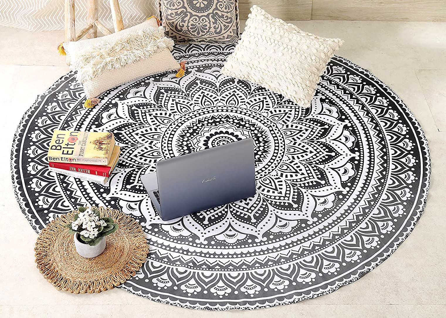 Raajsee Grey Black Ombre Round Beach Tapestry Hippie/Boho Beach Blanket Roundie/Indian Cotton Throw Bohemian Round Table Cloth/Y