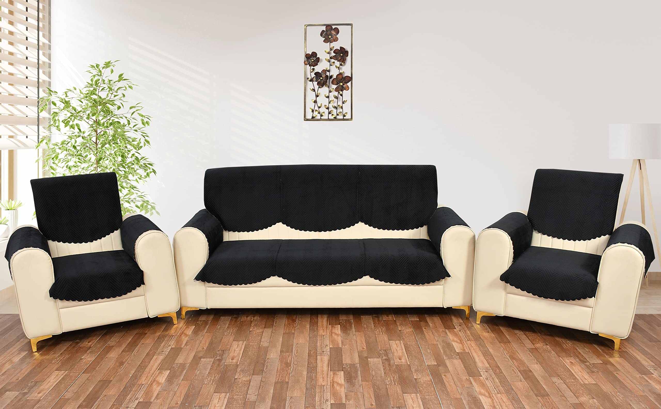 Yellow Weaves 5 Seater Quilted Sofa Cover And Chair Cover With Arm Cover, Seat & Back Cover, Color - Black