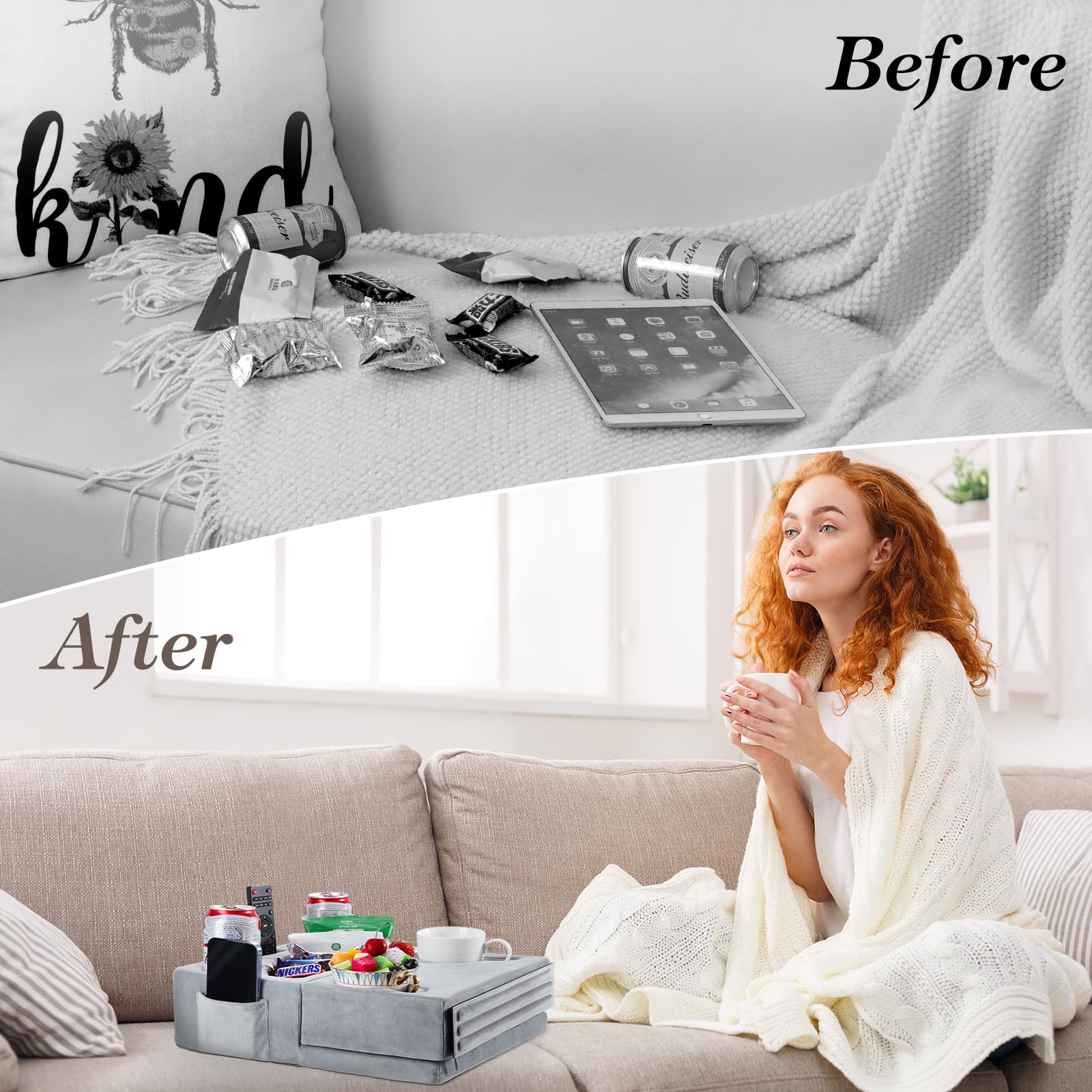 Luxspire Couch Cup Holder Tray, Couch Cup Holder Pillow With 8 Holes And Side Pocket, Tablet Pillow Couch Caddy For Ipad/Drinks/