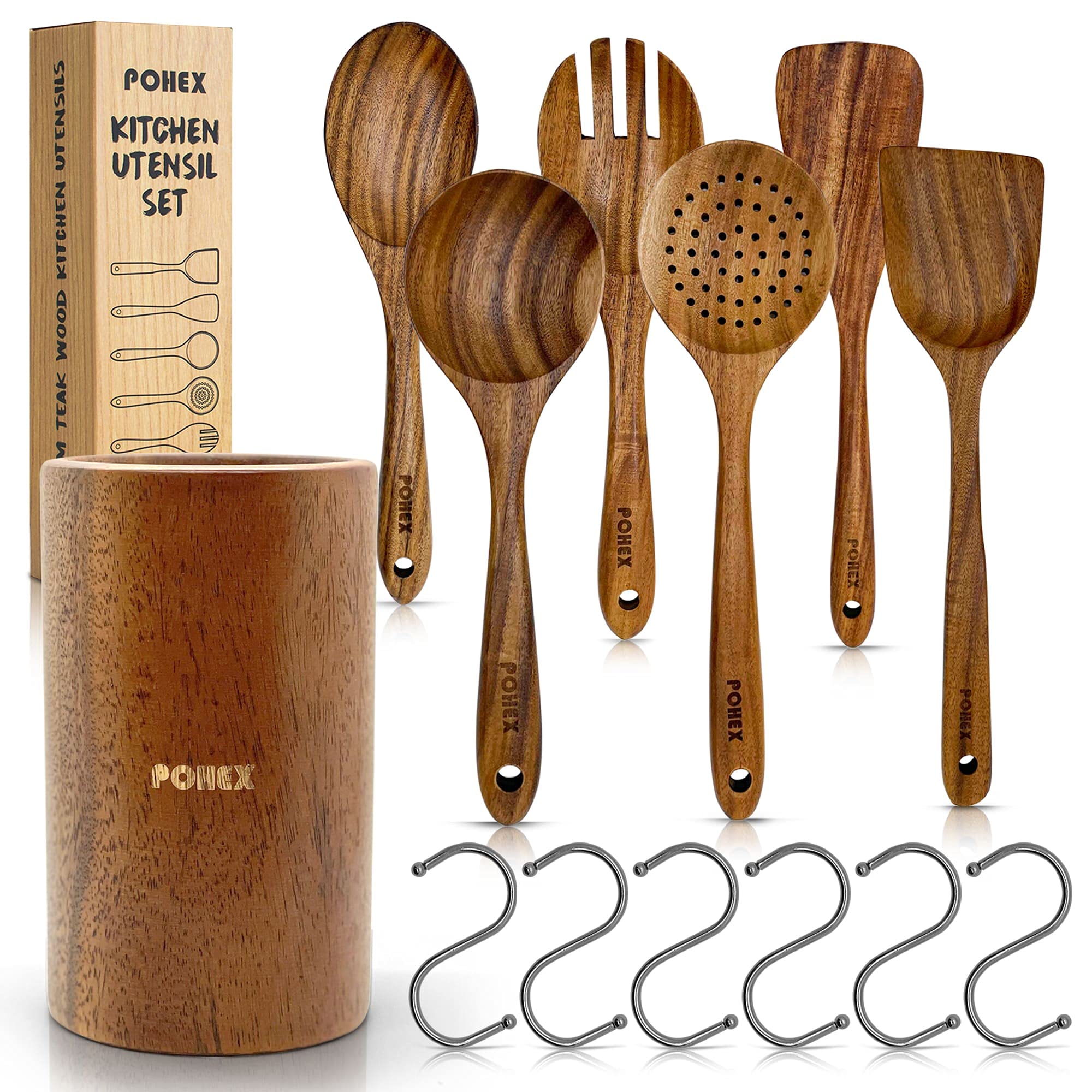 Pohex Teak Wood 12 Piece Kitchen Utensil Set With Wooden Holder/Barrel, 6 Gadgets Wooden Spatula, Spurtle, Slotted Spoon, Salad