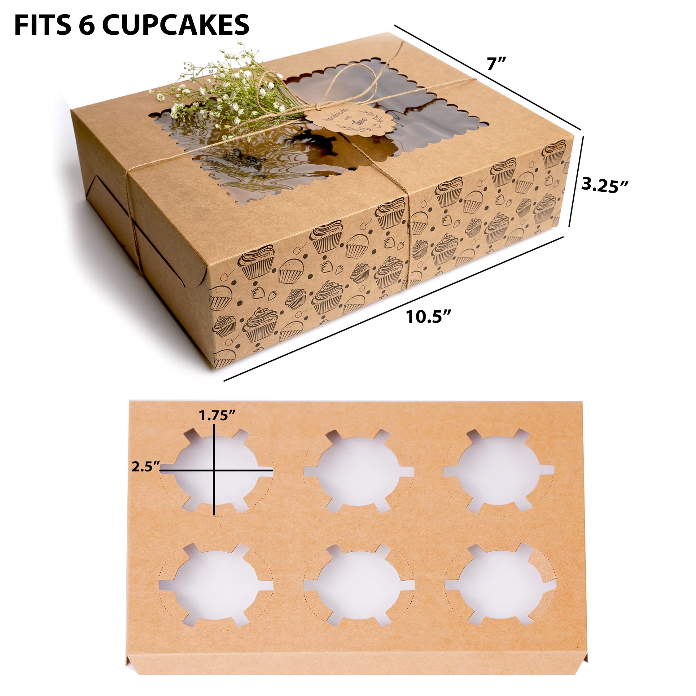 Mudrit 20-Pack Brown Cupcake Boxes With Insert Trays, Tags And Twine | Food Grade Kraft Bakery Boxes With Window To Fit 6 Cupcak