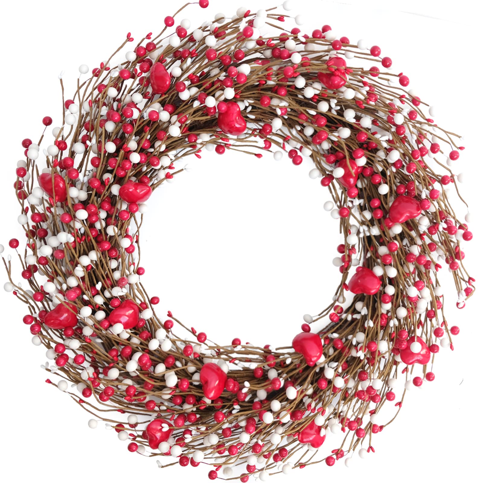 24 Inch Valentines Day Red and White Berries Wreath for Front Door, Red Heart Shape Shiny Berries Wreath for Home Decor, Wedding