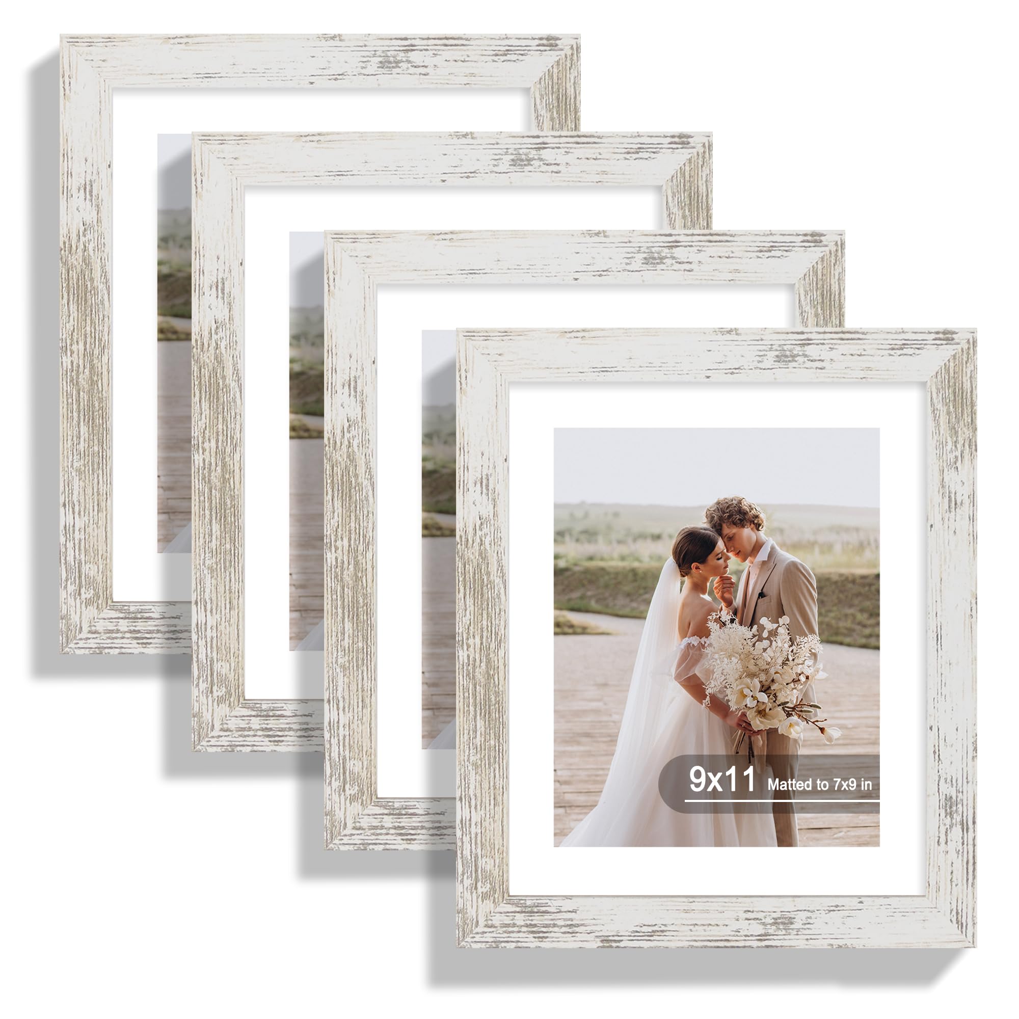 Hongkee 9x11 Picture Frame Set of 4, Made of Real Glass and Distressed White Frame - Display Picture 7x9 with Mat or 9x11 Withou