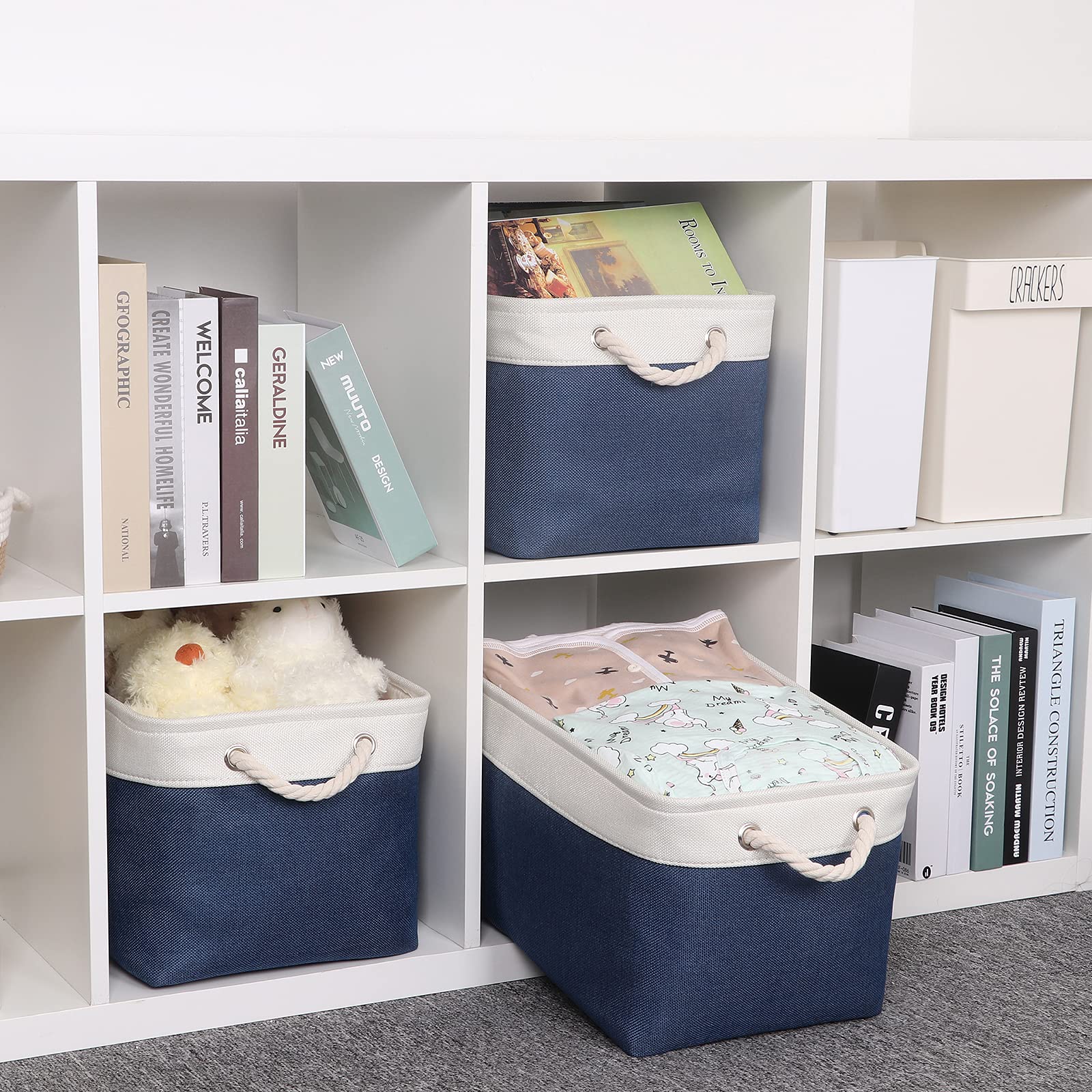 Bidtakay Storage Baskets Collapsible [3-Pack] Decorative Storage Bins with Cotton Rope Handles 15 X 11 X 9.5 Inch Organizing Baskets for Shelves Clothes Closet Navy Blue Baskets for Gifts Empty