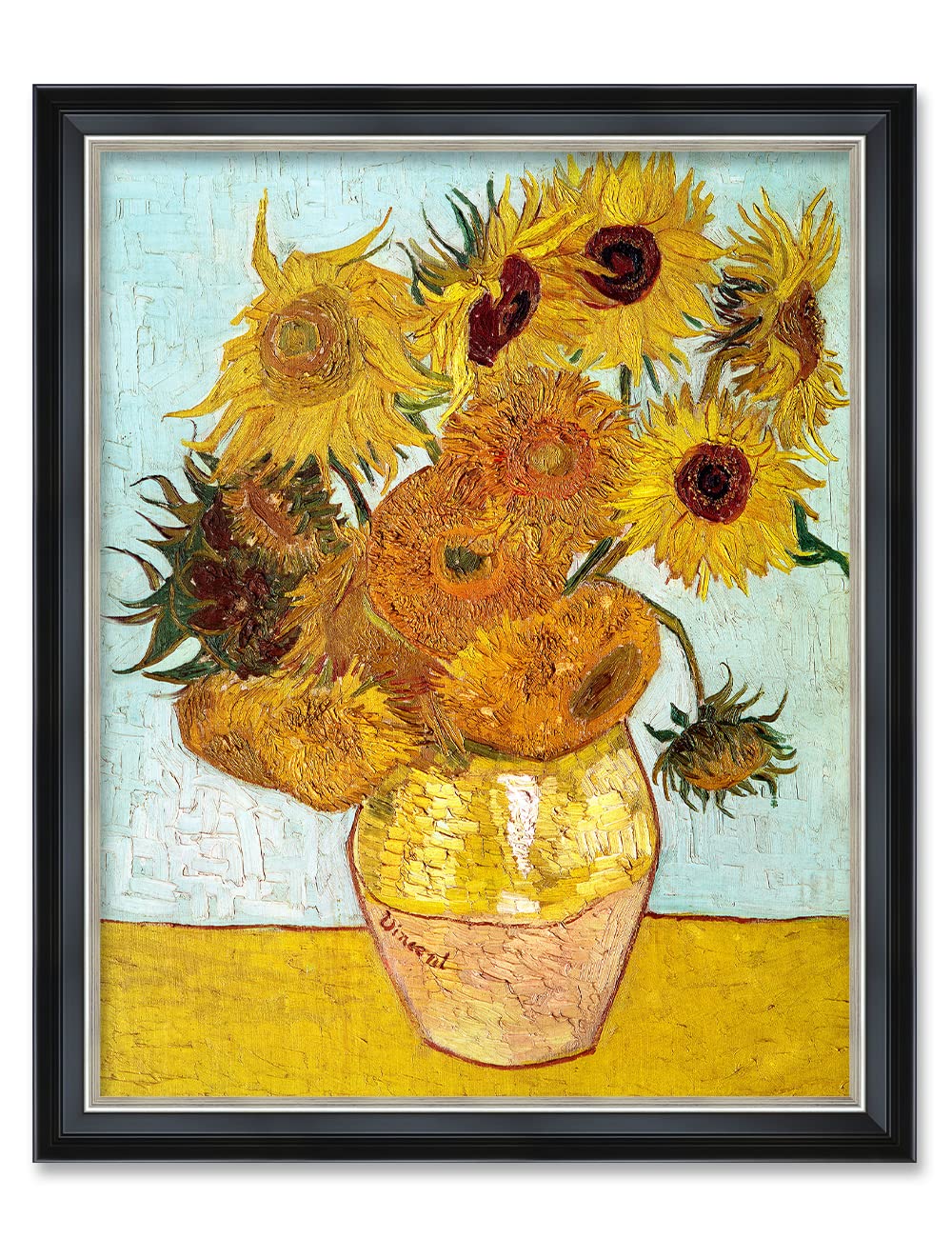 Decorarts - Twelve Sunflowers By Vincent Van Gogh Art Reproduction. Solid Wooden Framed Giclee Print Artwork On Acid Free Cotton